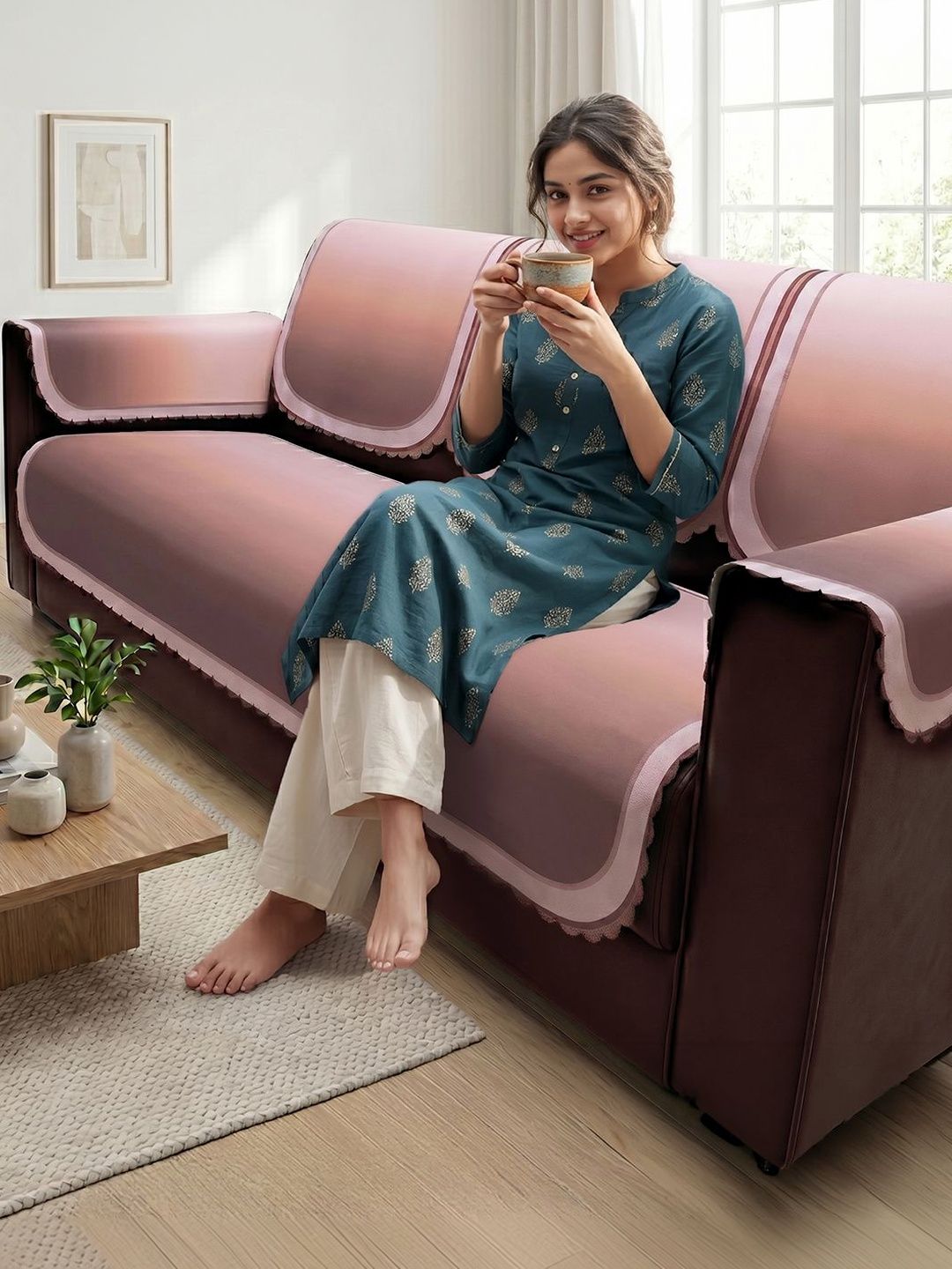 Story@home Pink & Peach-Coloured Solid 4 Piece Sofa Cover With Arms-picture-11