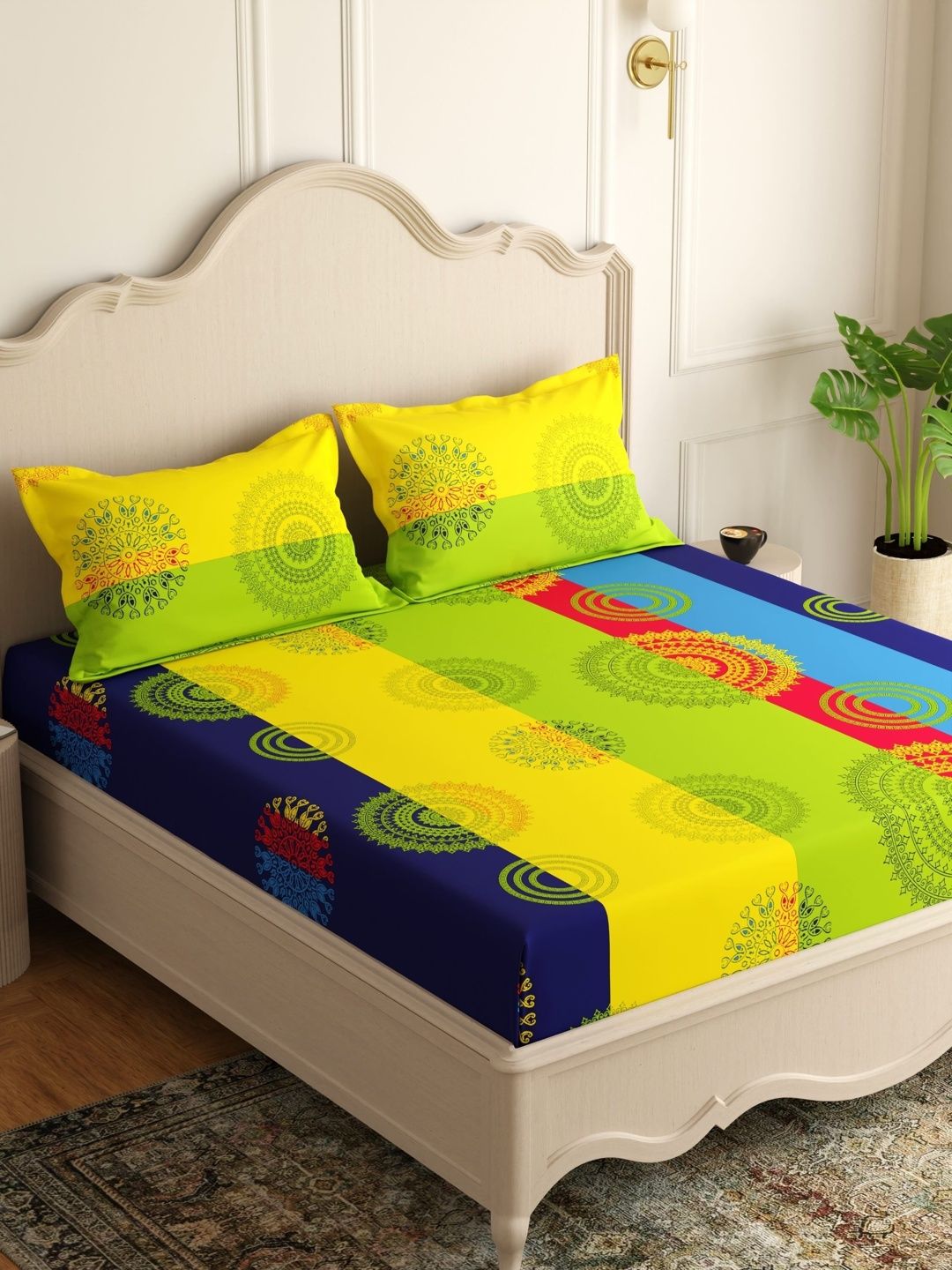 Pure Decor Multicoloured Geometric 200 TC Queen Bedsheet with 2 Pillow Covers-image-48