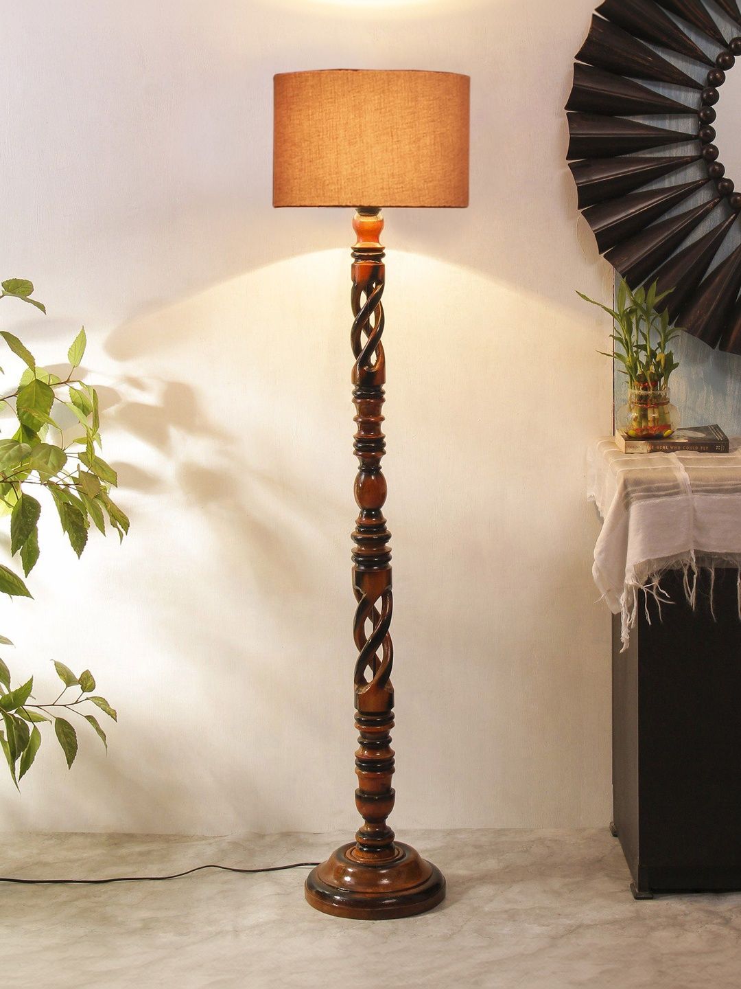 Myntra Elegant Homes Grey & Brown Wooden Tripod Floor Lamp-image-32