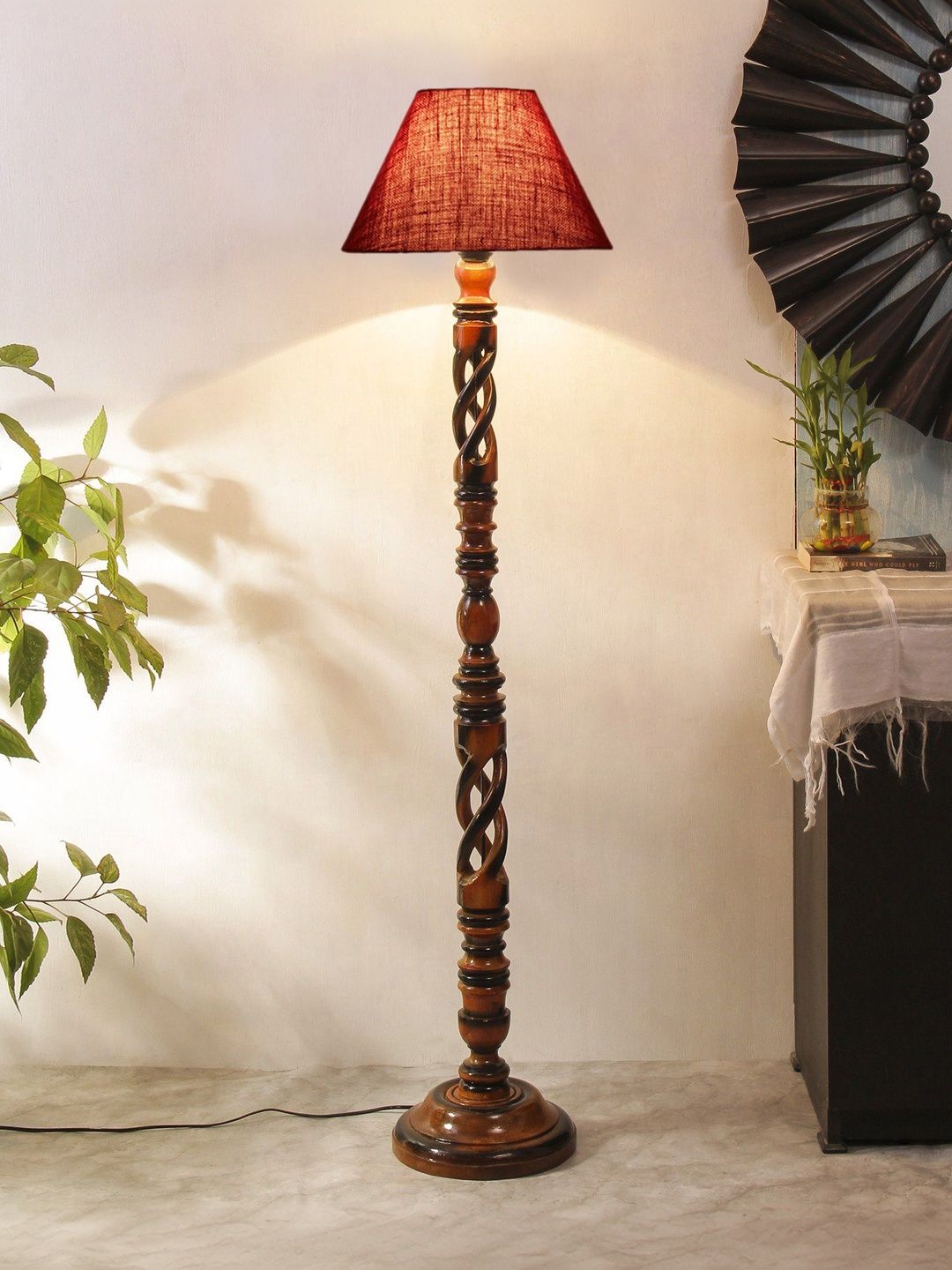 Myntra Elegant Homes Maroon & Brown Wooden Tripod Floor Lamp-picture-36