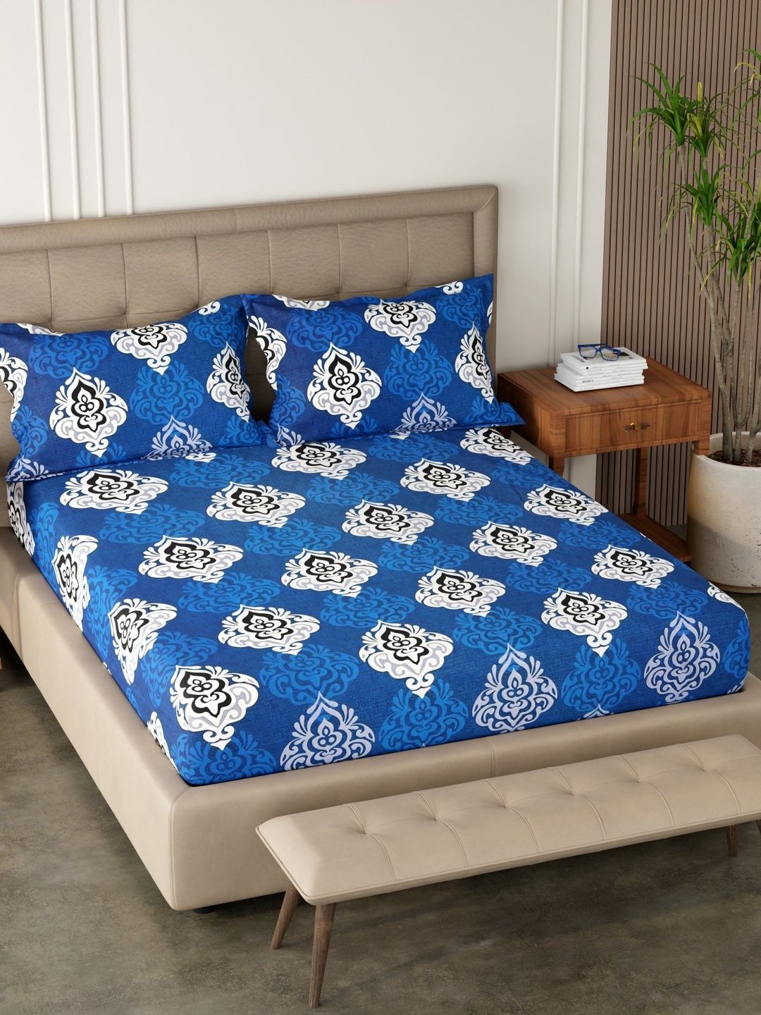 Pure Decor Blue Geometric 200 TC Queen Bedsheet with 2 Pillow Covers-picture-35