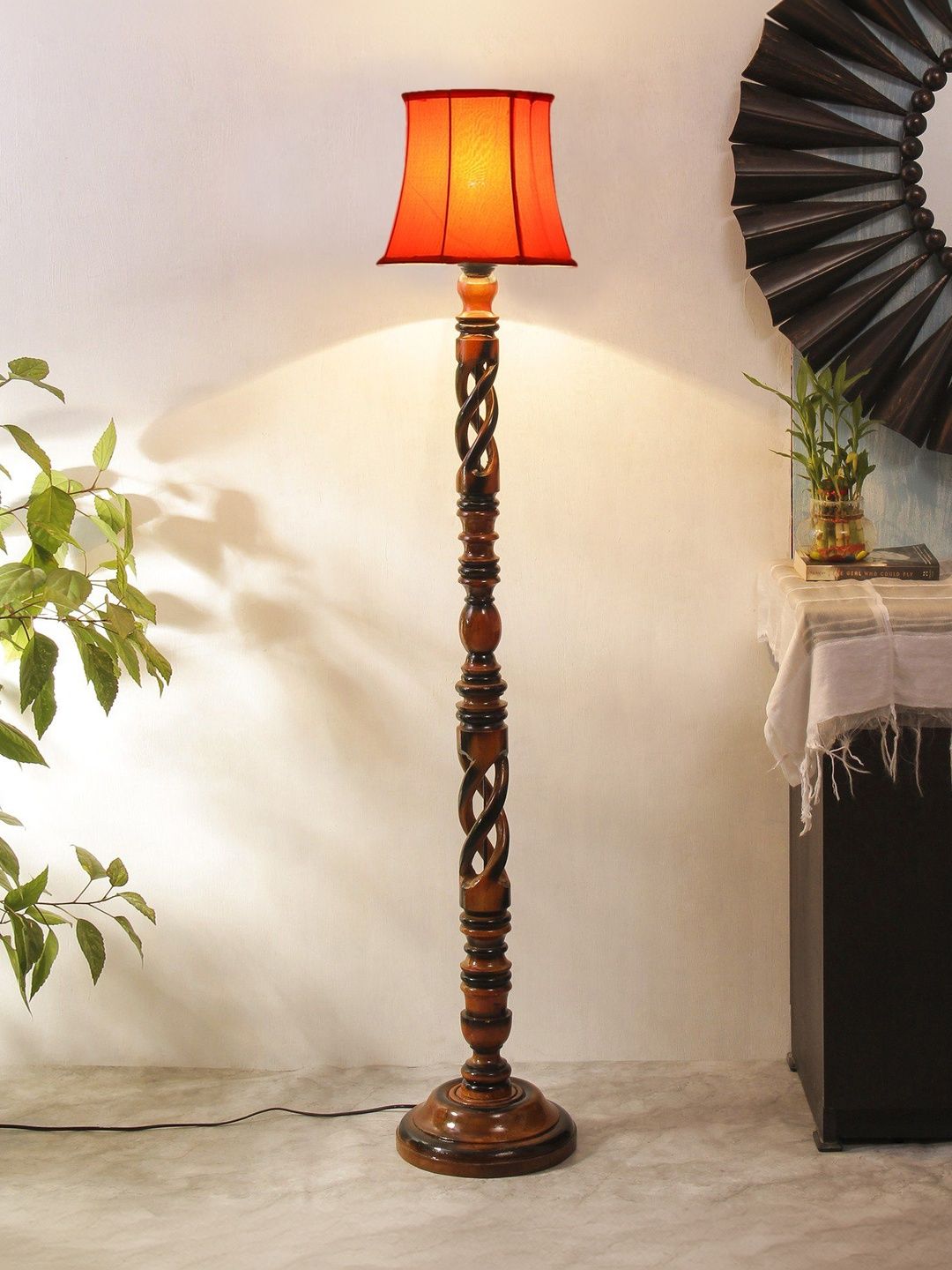 Myntra Elegant Homes Orange & Brown Wooden Tripod Floor Lamp-image-40