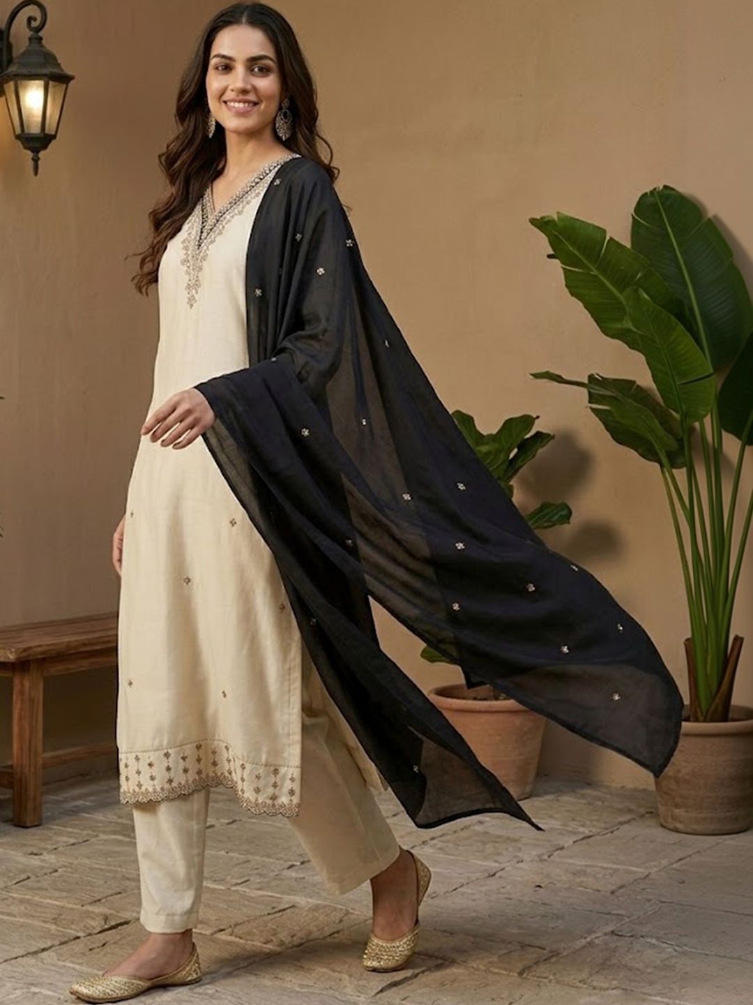 Koskii Women Ethnic Motifs Embroidered Regular Silk Crepe Kurti with Trousers & With Dupatta-picture-21