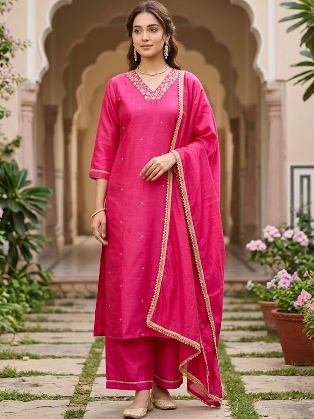 Koskii Women Ethnic Motifs Embroidered Regular Thread Work Kurti with Trousers & With Dupatta-picture-38