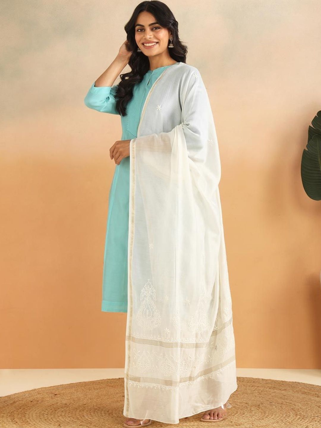 Fabindia Ethnic Motifs Embroidered Cotton Silk Blend Dupatta with Thread Work-picture-32
