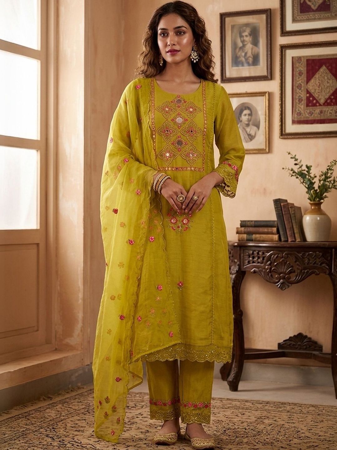 Koskii Mehendi Art Silk Threadwork Straight Kurta With Pant Regular And Dupatta-picture-24