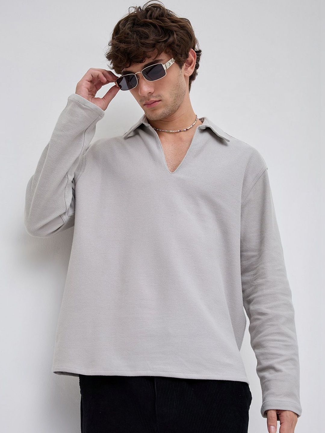 VASTRADO Grey Honeycomb Textured Knitted Oversized Polo Shirt-image-21