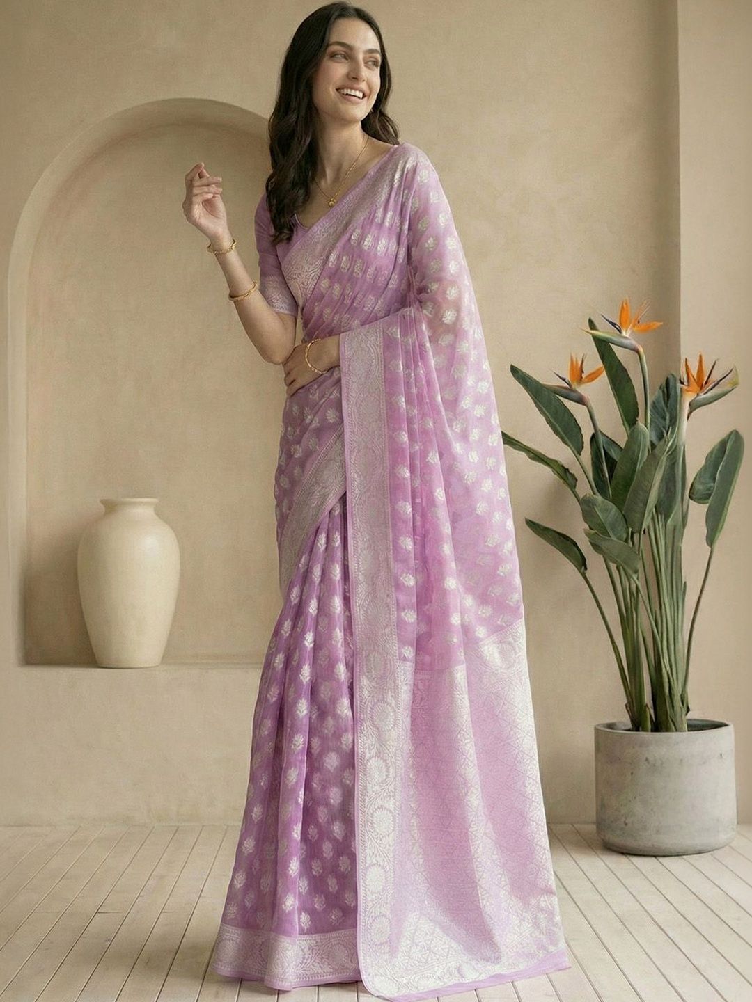Mitera Ethnic Motifs Zari Silk Blend Handloom Saree-picture-36