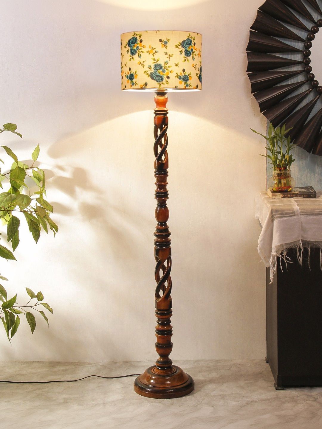 Myntra Elegant Homes White & Brown Printed Wooden Tripod Floor Lamp-image-41