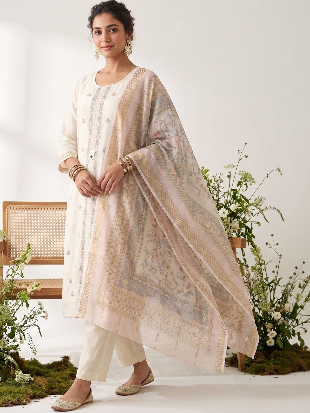 Koskii Women Ethnic Motifs Embroidered Regular Thread Work Chanderi Cotton Kurti with Trousers & With Dupatta-image-49