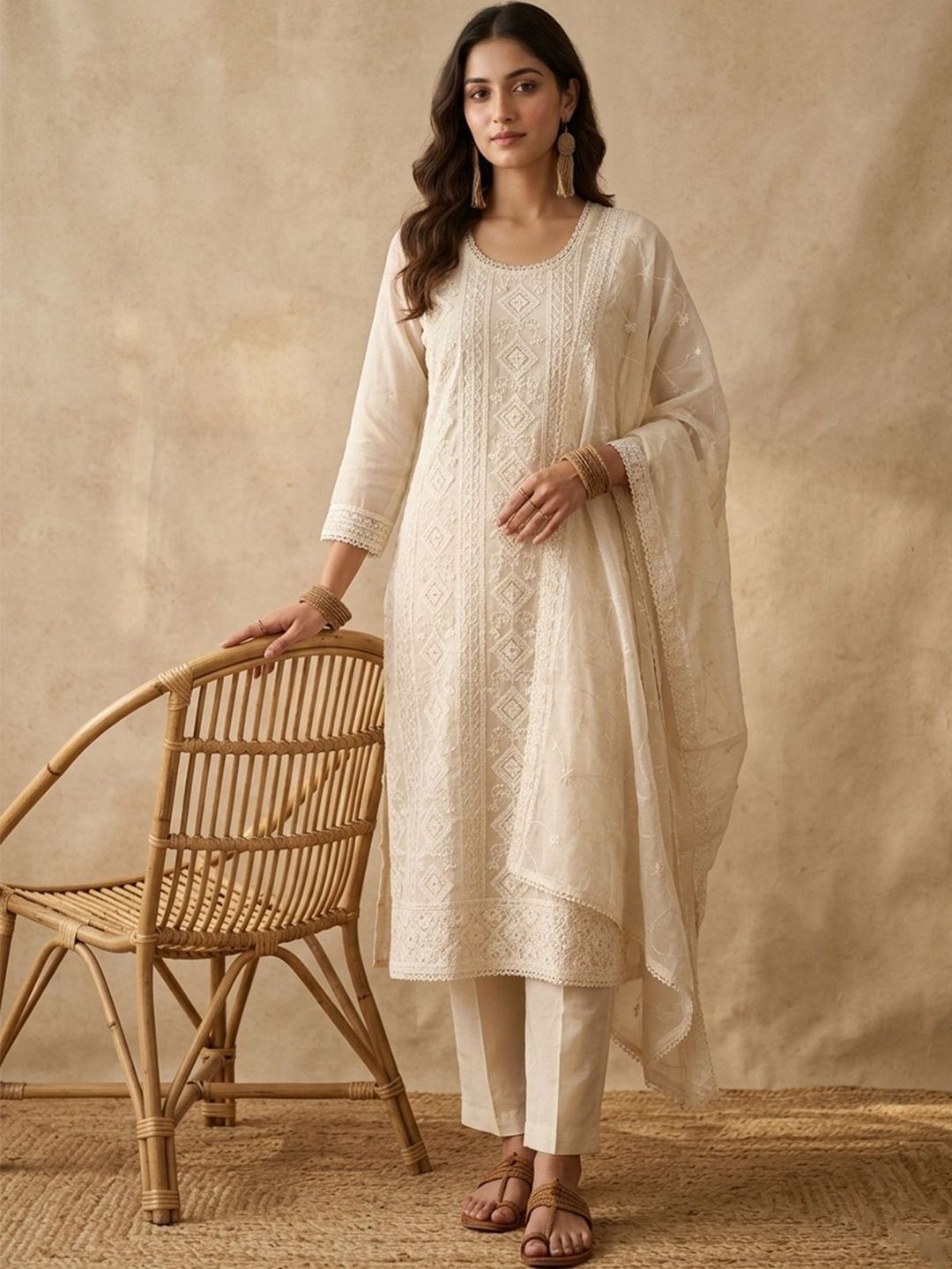 Koskii Cream Chanderi Threadwork Straight Kurta With Pant Regular And Dupatta-image-41