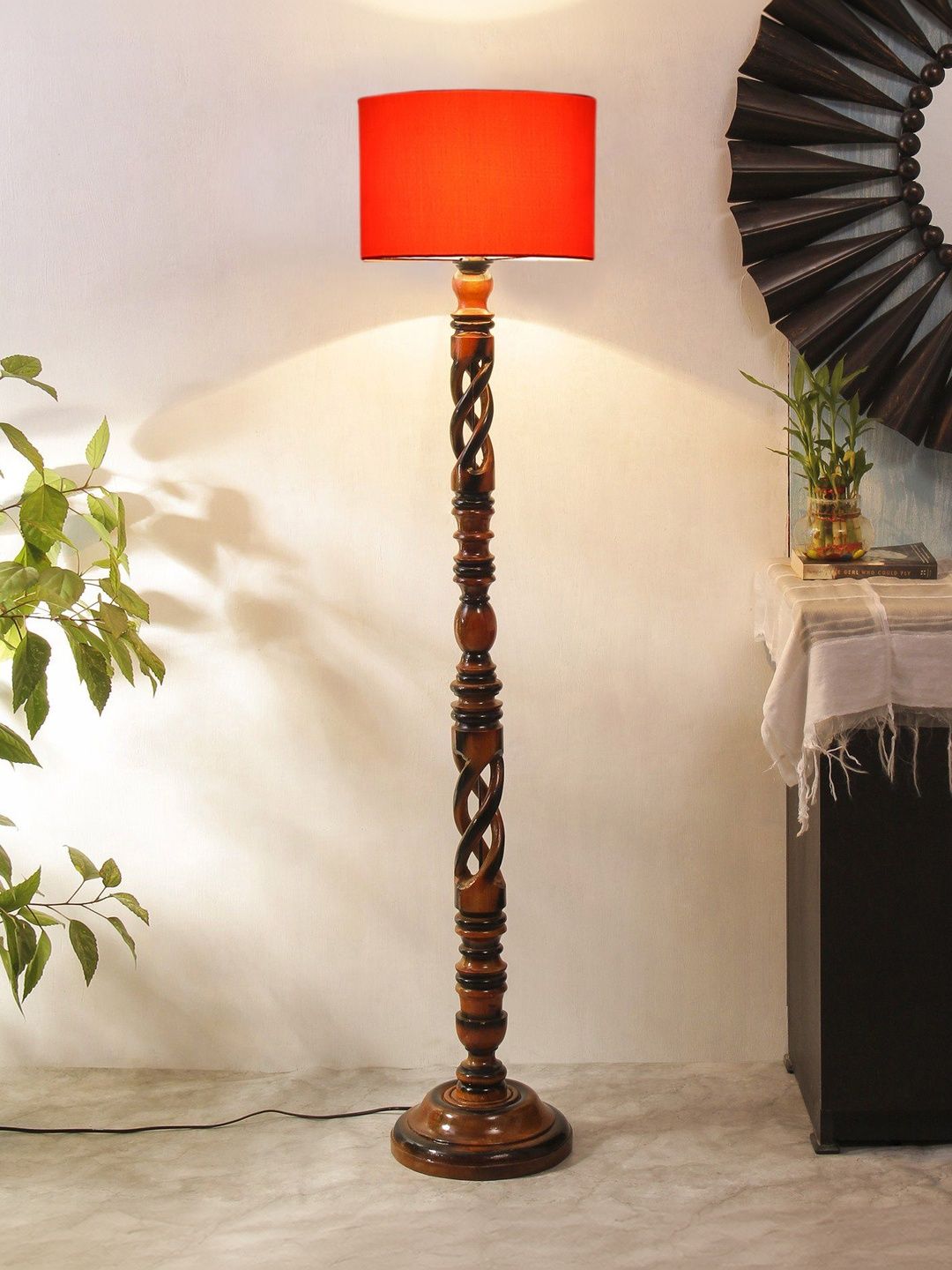 Myntra Elegant Homes Orange & Brown Wooden Tripod Floor Lamp-image-34