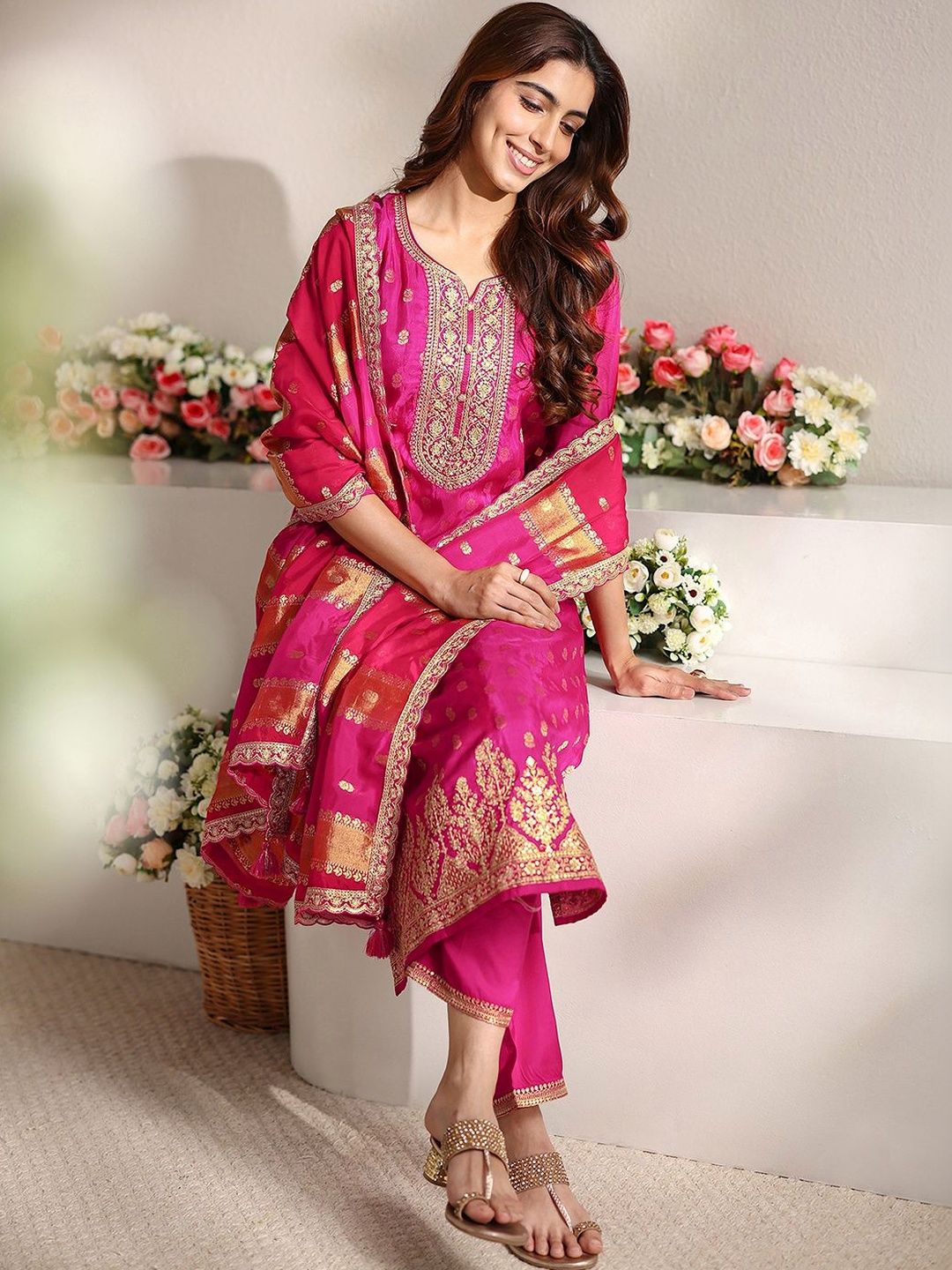 Libas Pink Woven Design Straight Suit Set with Dupatta-picture-11