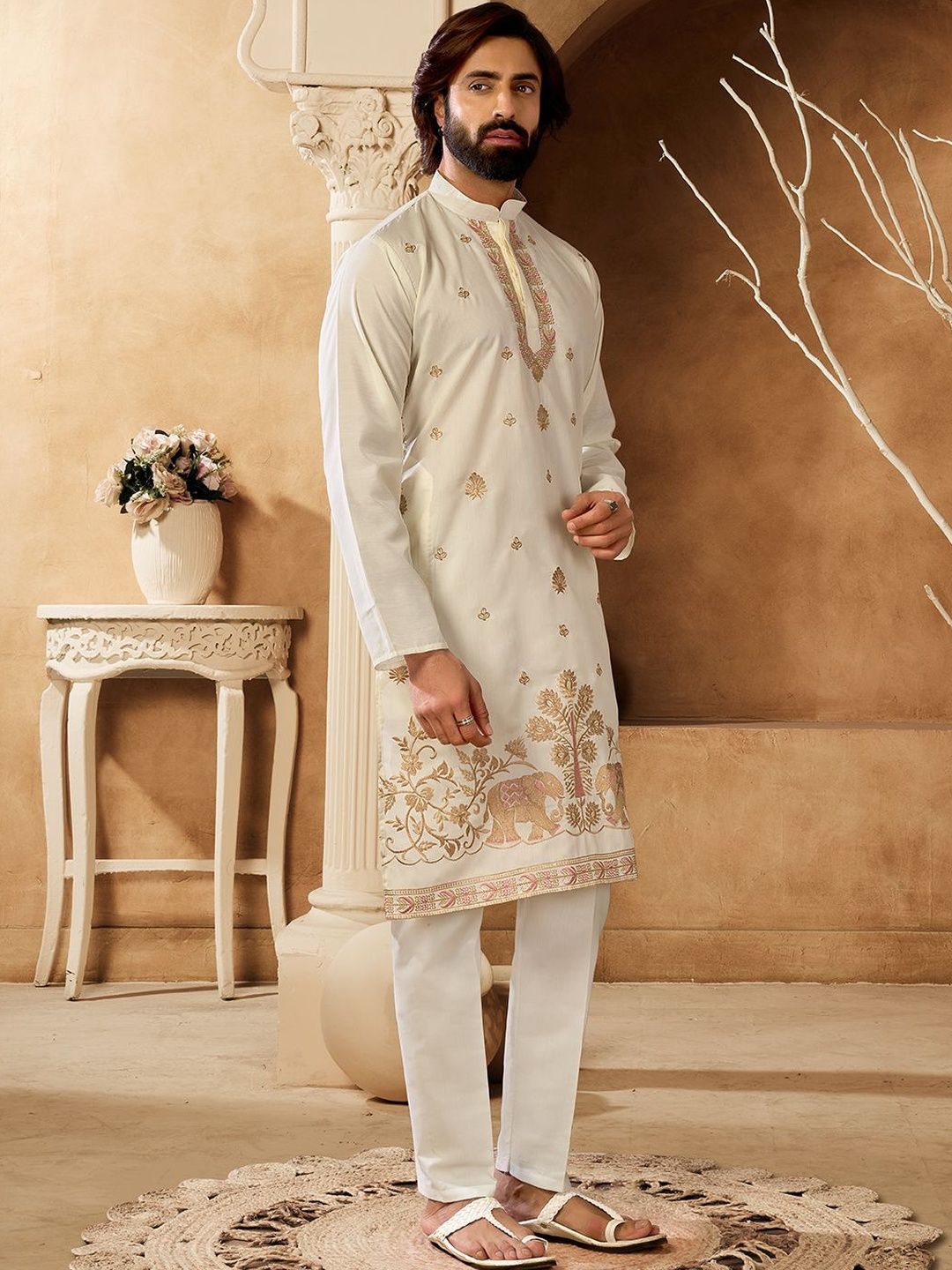 House of Pataudi Embroidered Cotton Mandarin Collar Knee Length Straight Kurtas-picture-21