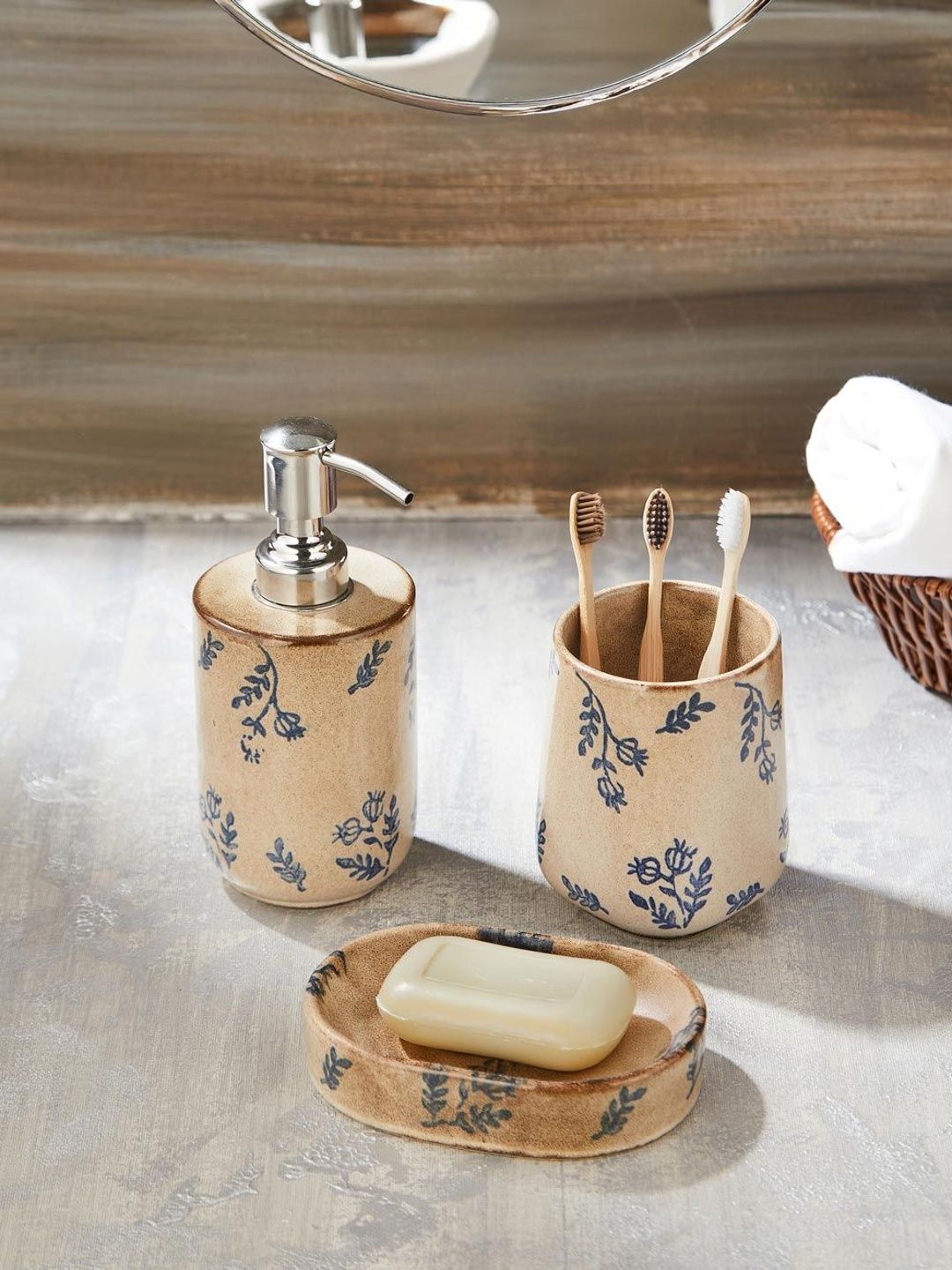 Fabindia Blue & Beige 3 piece Floral Ceramic Bath Accessories Set-image-41