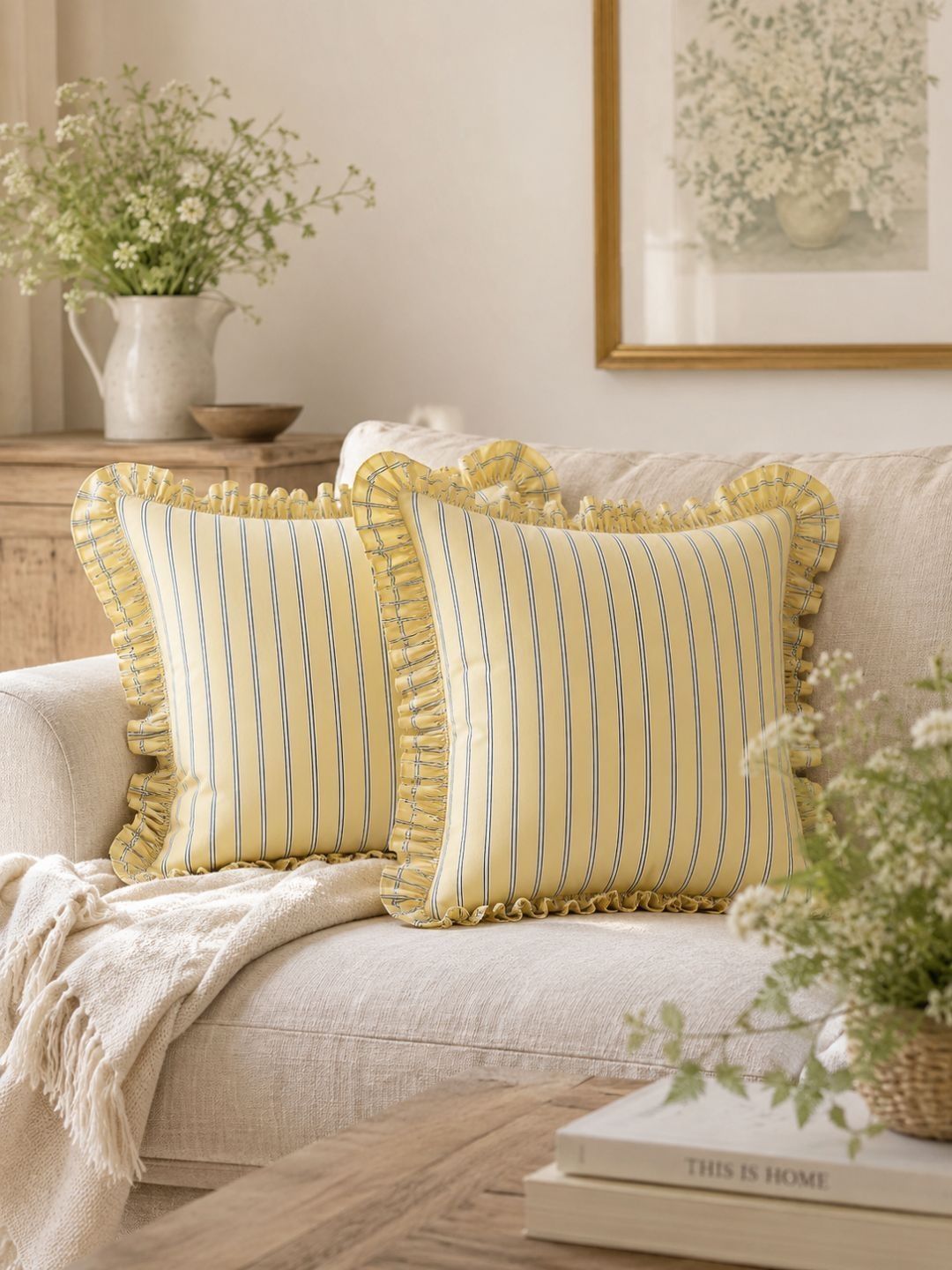 BandBox Yellow Set of 2 Striped Square Cushion Covers-image-34
