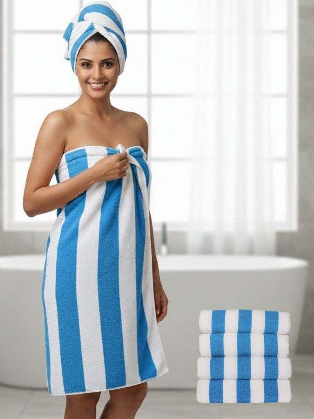 Tharunsha Elite Set Of 4 Blue & White Striped 500 GSM Pure Cotton Multi-Use Towels-image-40