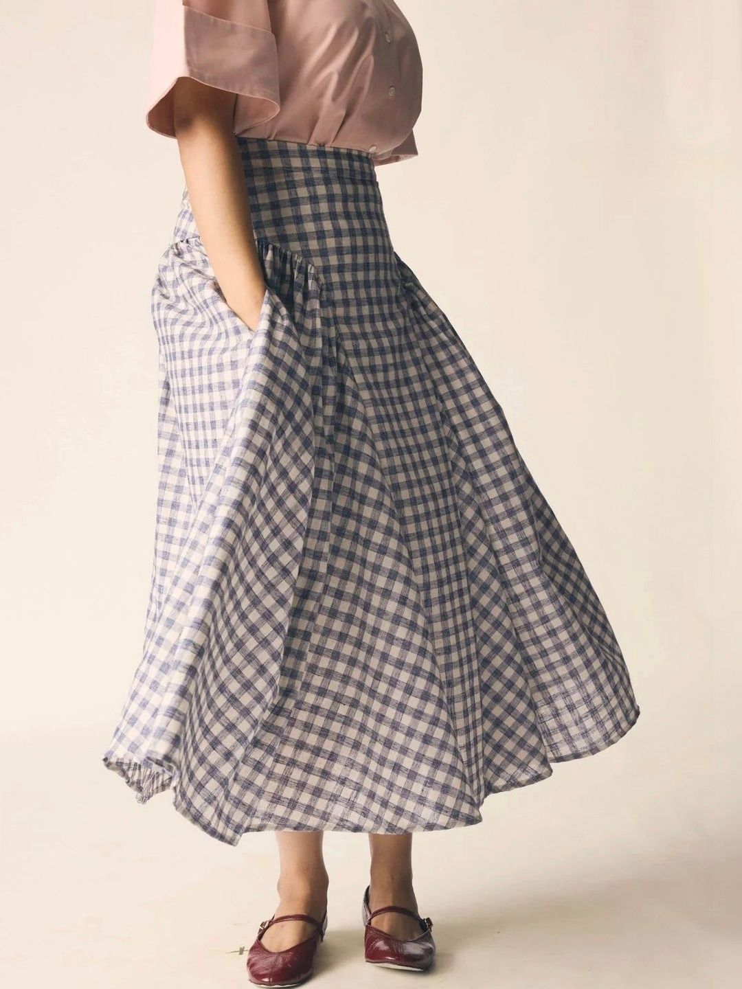 UNRUSH Women Lace Checked Midi A-Line Skirt-image-34