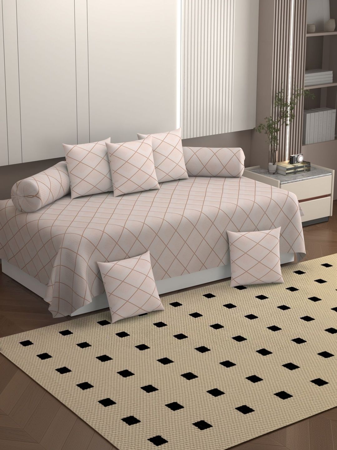 BELVOSTUM Set Of 8 Pink Checked 250 TC Super Soft Microfiber Diwan Set-image-36