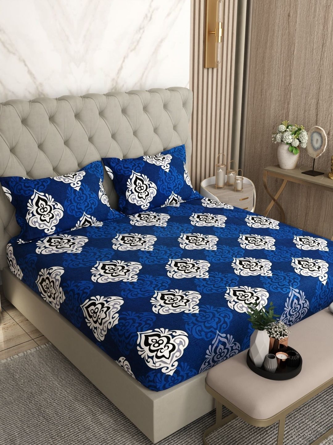 Pure Decor Blue Printed Pure Cotton 200 TC Double Queen Bedsheet Set 88'' x 98'' in-image-45