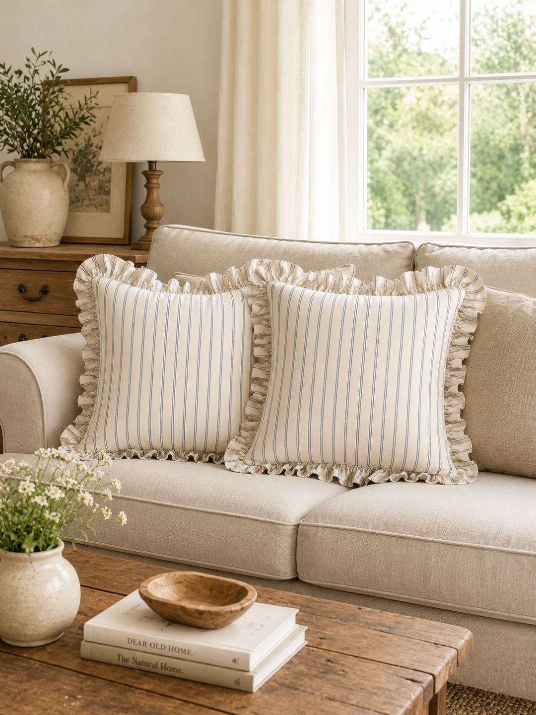 BandBox Cream-Coloured Set of 2 Striped Square Cushion Covers-picture-51