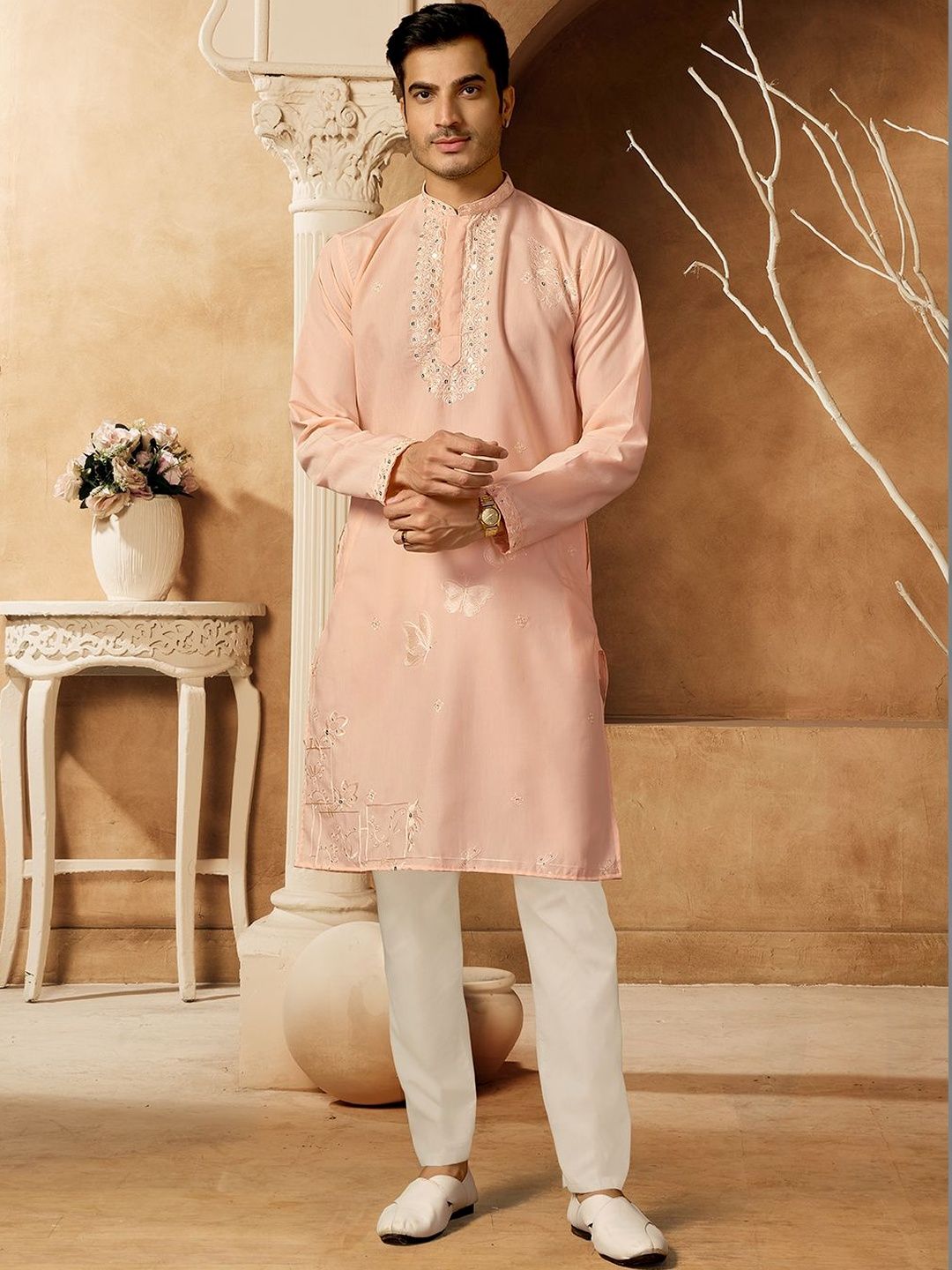 House of Pataudi Embellished Cotton Band Collar Calf Length Straight Kurta-picture-23