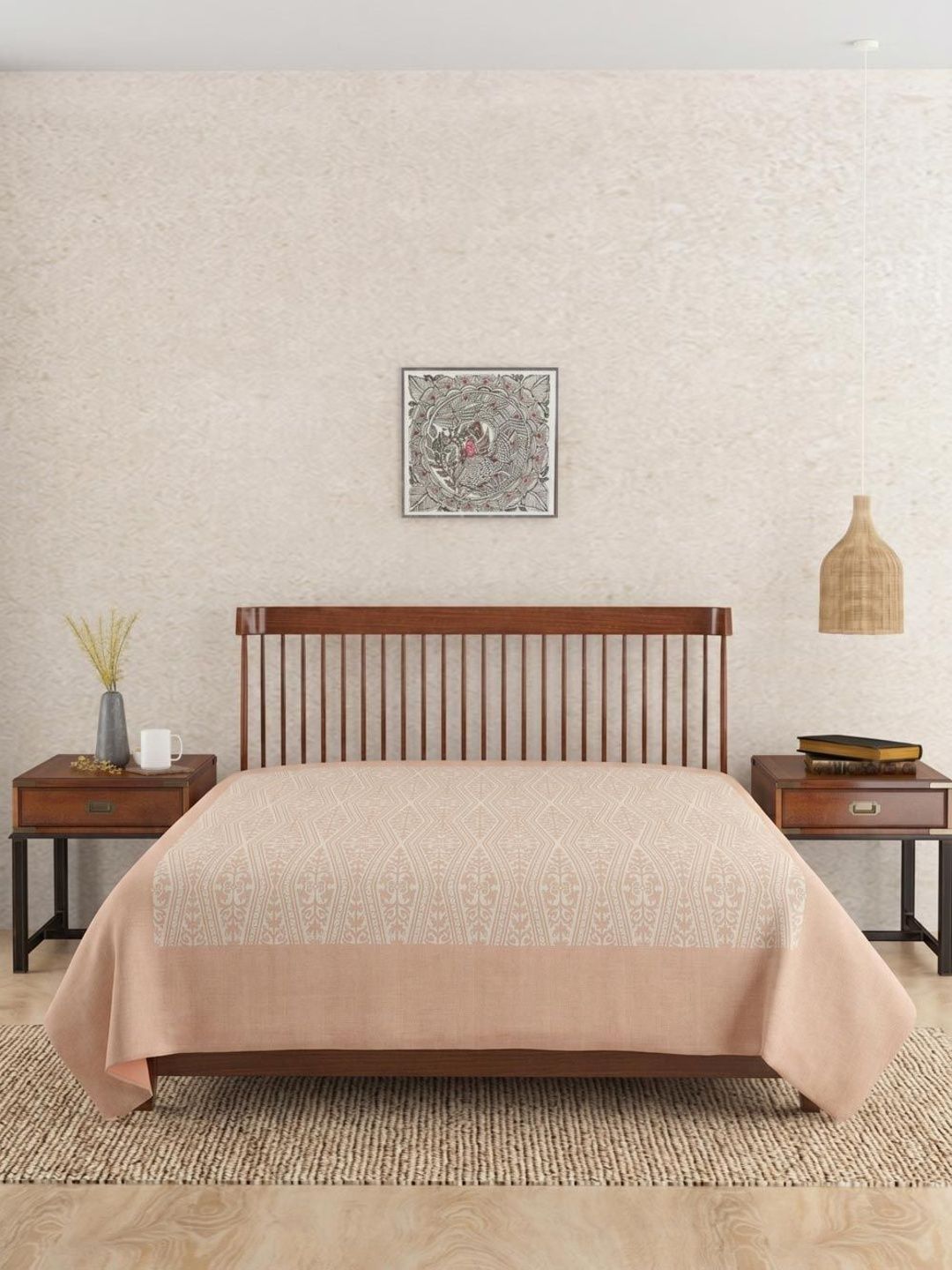 Fabindia Pink & White Cutwork Printed Cotton Double Bed King Bed Cover-image-16