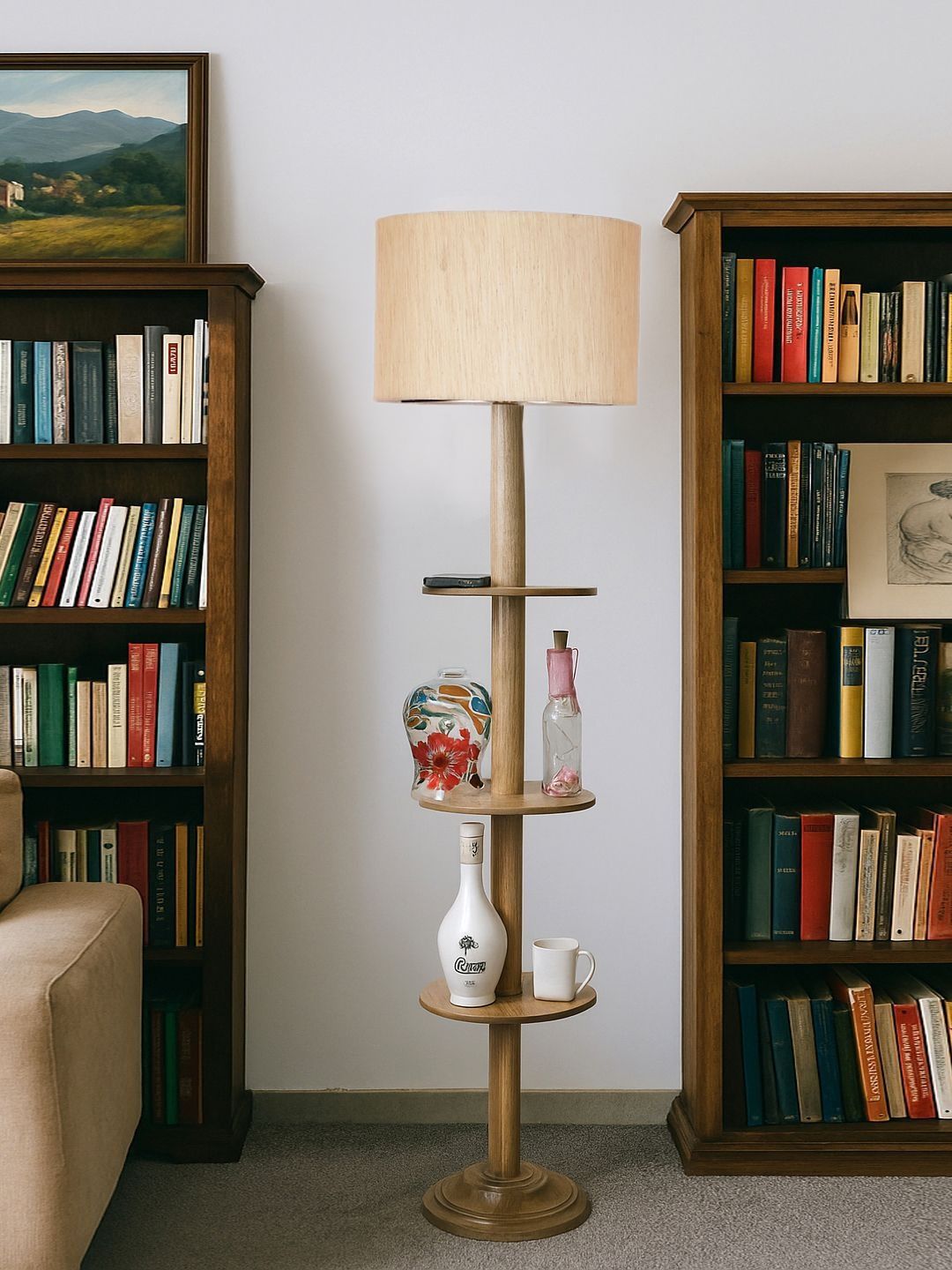 Myntra Elegant Homes Off-White & Beige Wooden Cylinder Tripod Floor Lamp-image-22