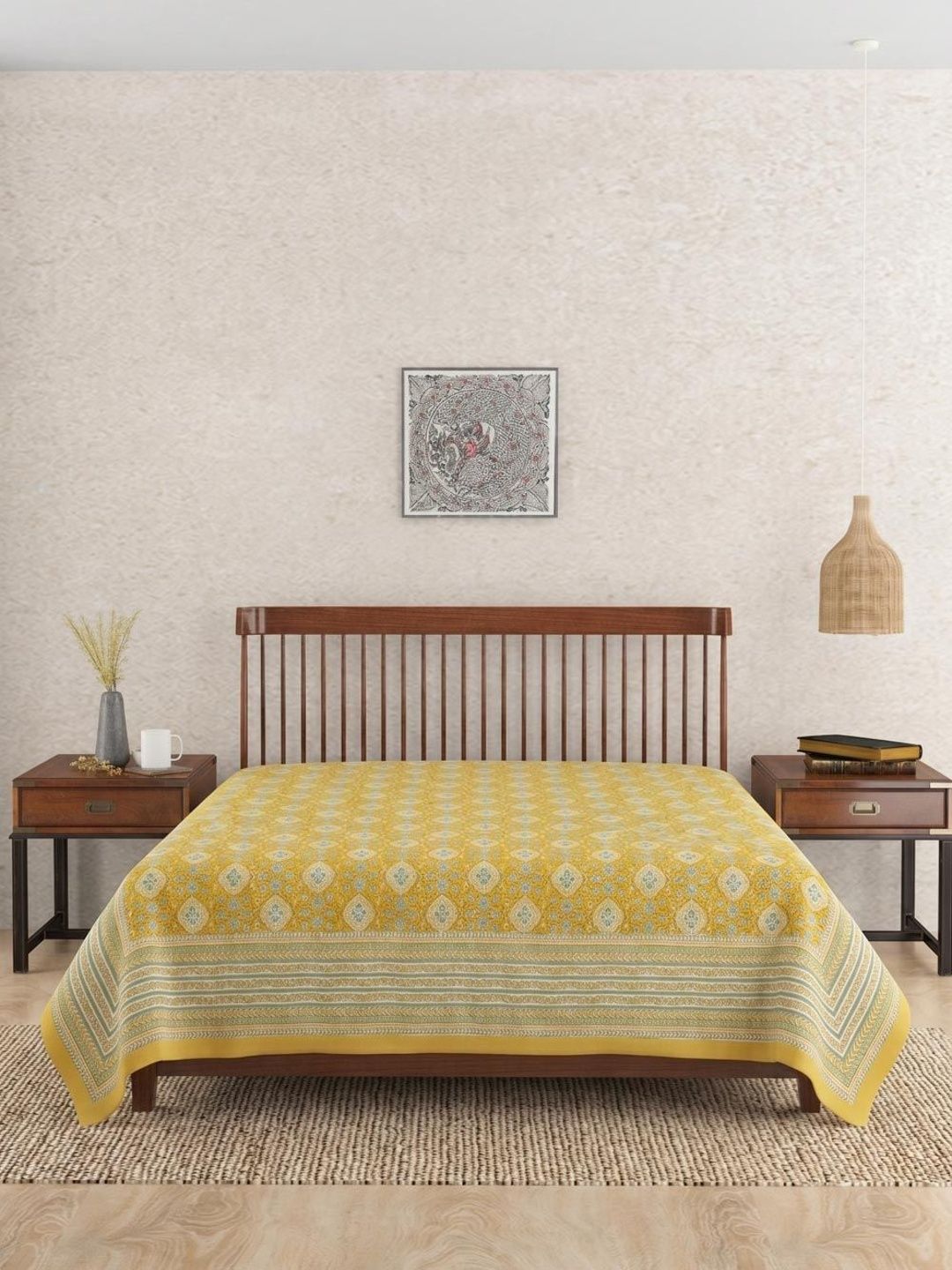 Fabindia Yellow & White Wabi Kanak Printed Cotton Double Bed King Bed Cover-image-40