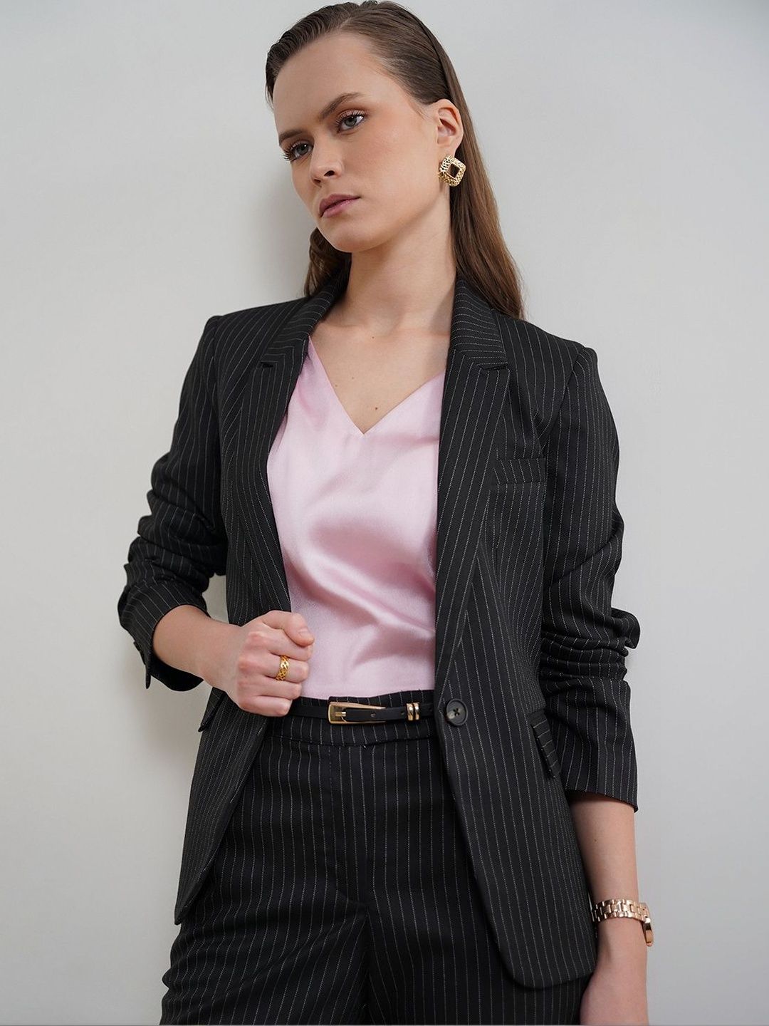 FABLE STREET Women Striped Tailored Blazer with Patchwork-picture-40