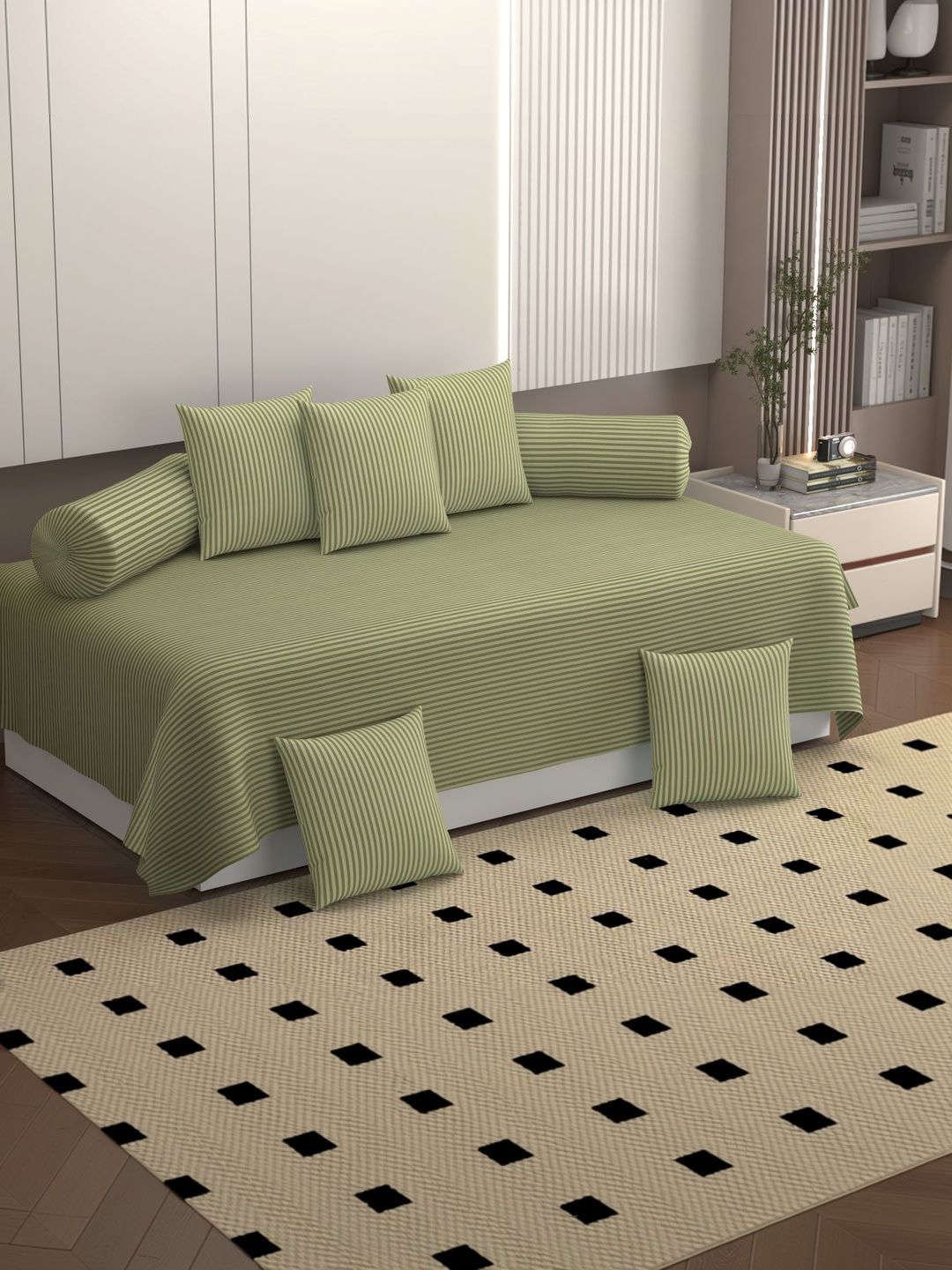 BELVOSTUM Set Of 8 Green Striped 250 TC Super Soft Microfiber Diwan Set-image-25