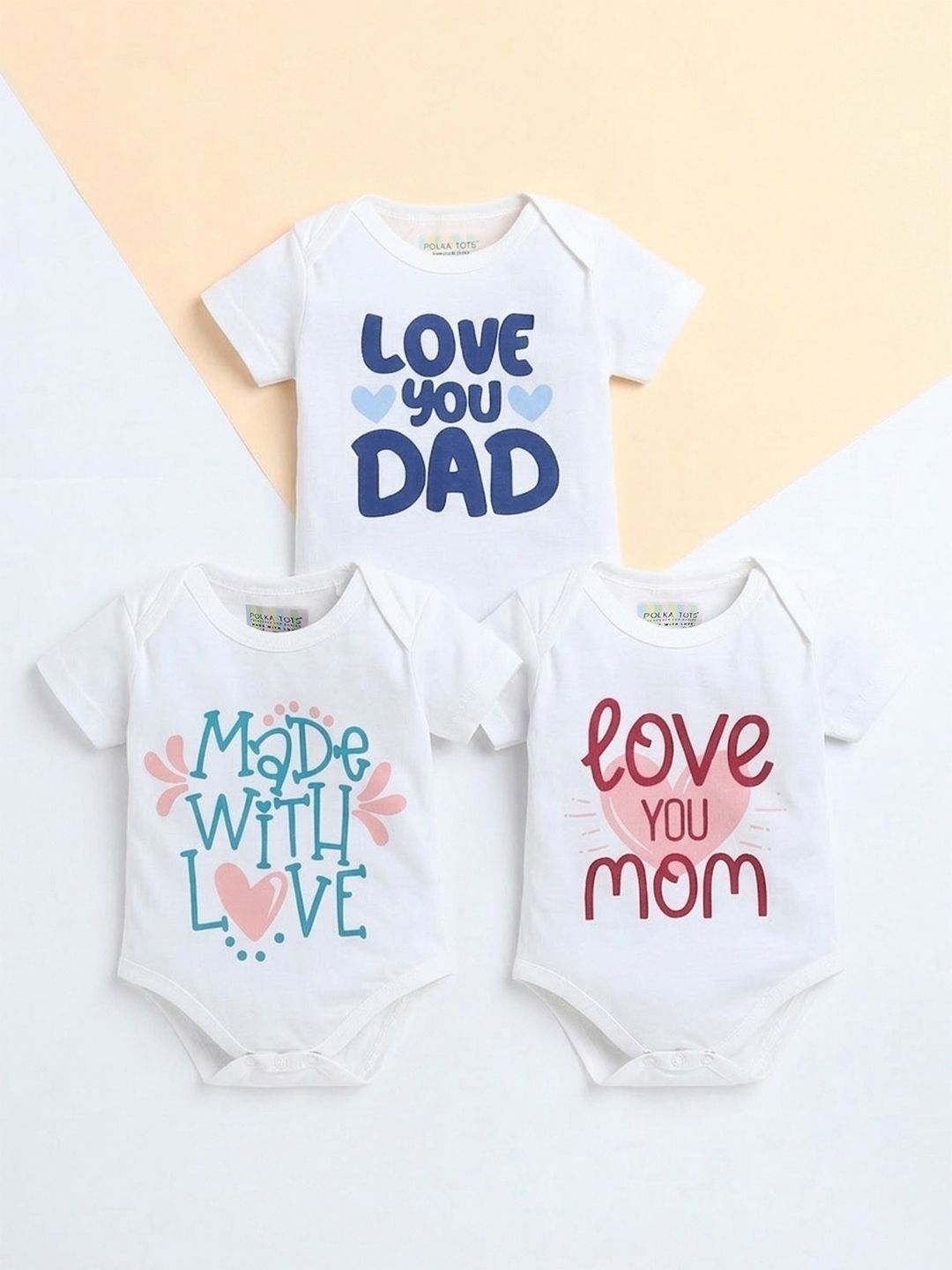 Polka Tots Kids Pack Of 3 Cotton Woven Half Sleeve Typography Printed Onesies-picture-27