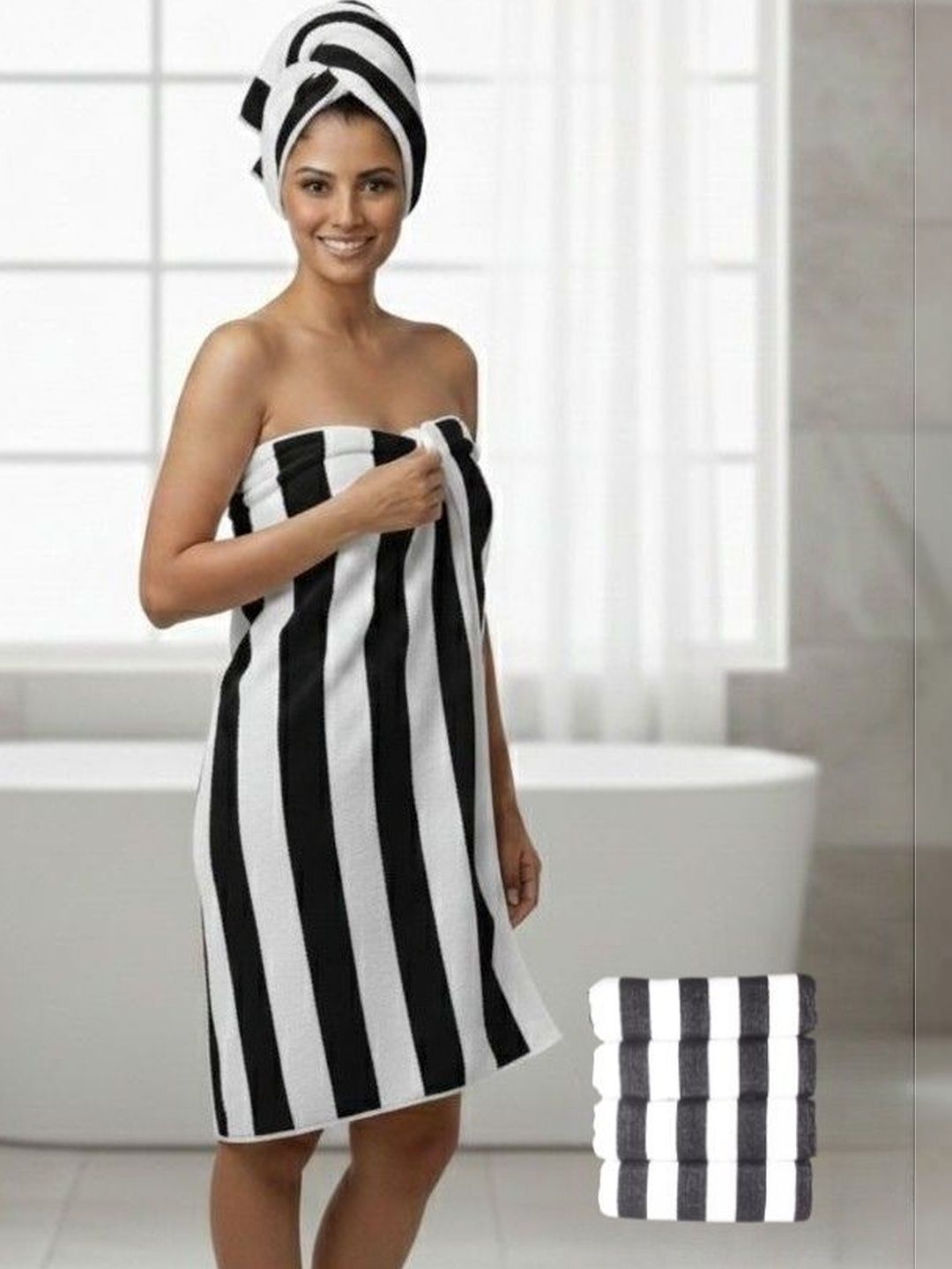 Tharunsha Elite Set Of 4 Black & White Striped 500 GSM Pure Cotton Multi-Use Towels-image-41