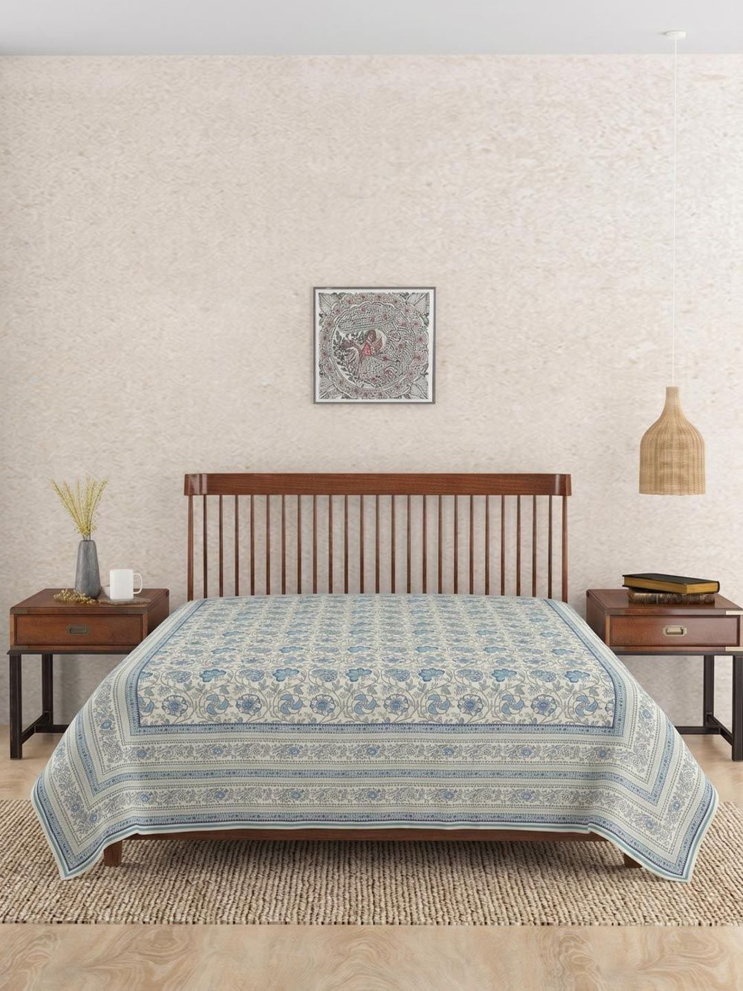 Fabindia Blue & White Wabi Sabi Printed Hand Woven Cotton Bed Cover-image-2