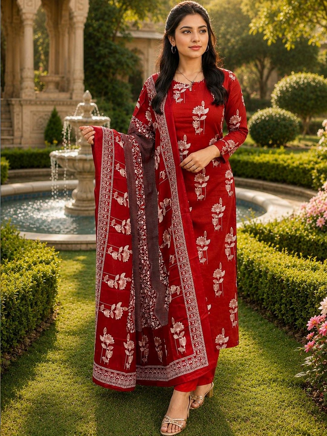 HERE&NOW Women Floral Printed Regular Pure Cotton Kurta with Trousers & With Dupatta-picture-28