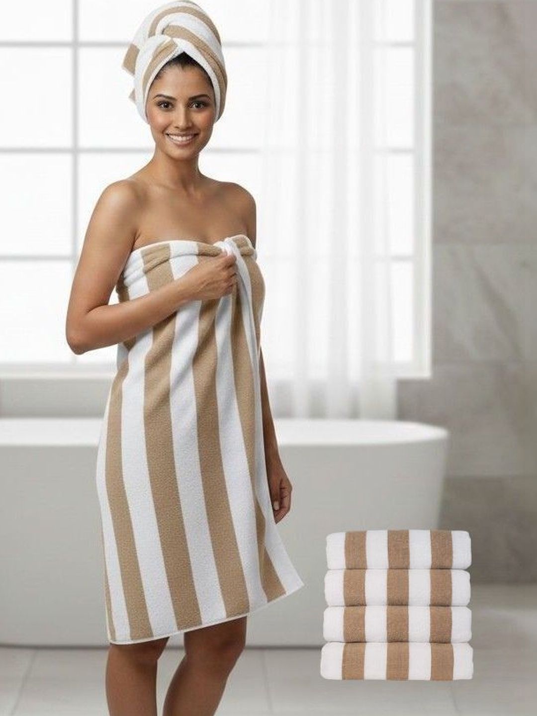 Tharunsha Elite Set Of 4 Beige & White Striped 500 GSM Pure Cotton Multi-Use Towels-image-42