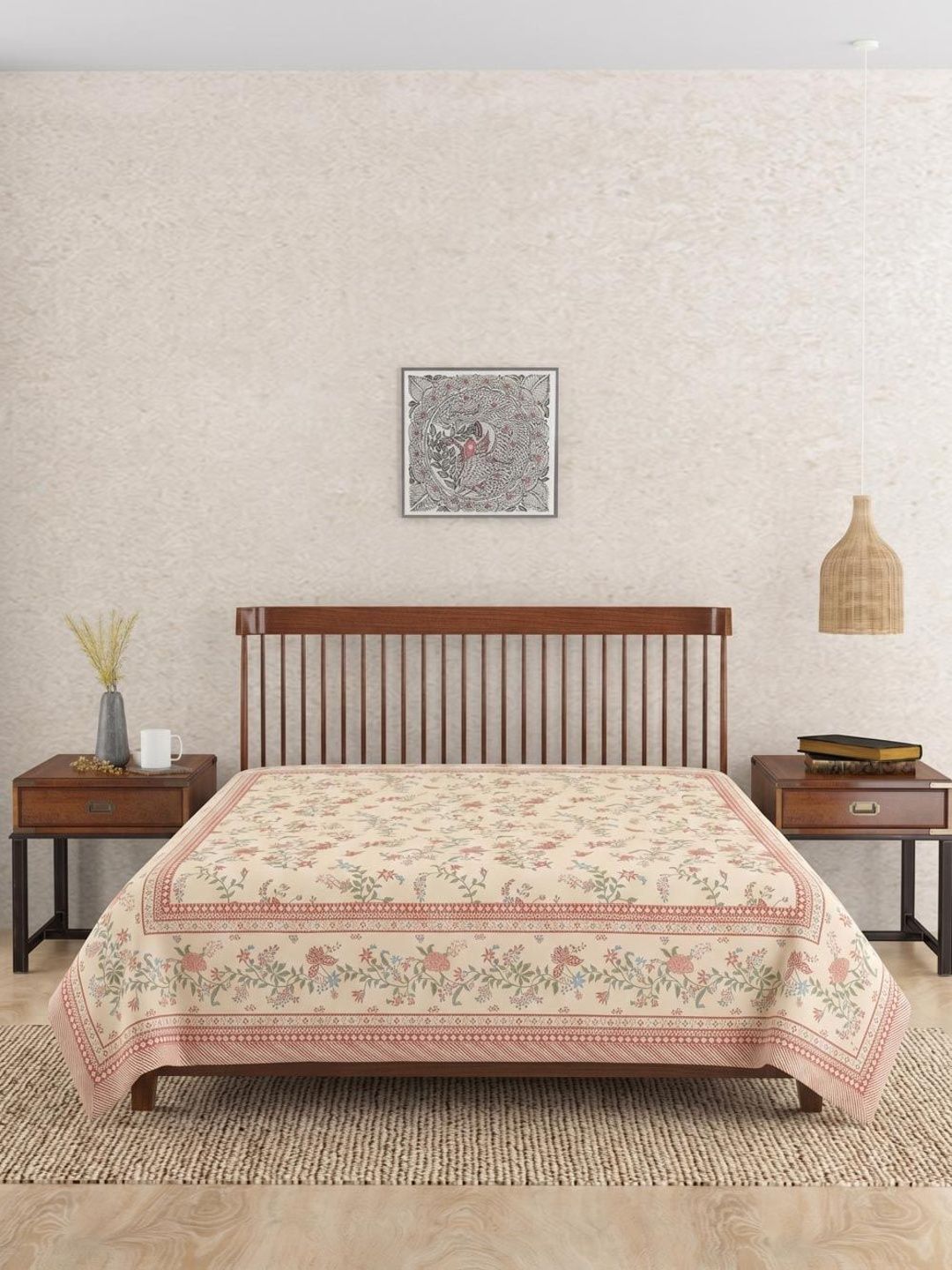 Fabindia Pink & Green Sienna Printed Cotton Bed Cover-image-48