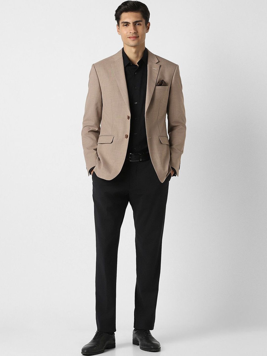 Peter England Elite Self Design Notched Lapel Slim Fit 2 Piece Blazer and Trousers Suits-picture-56