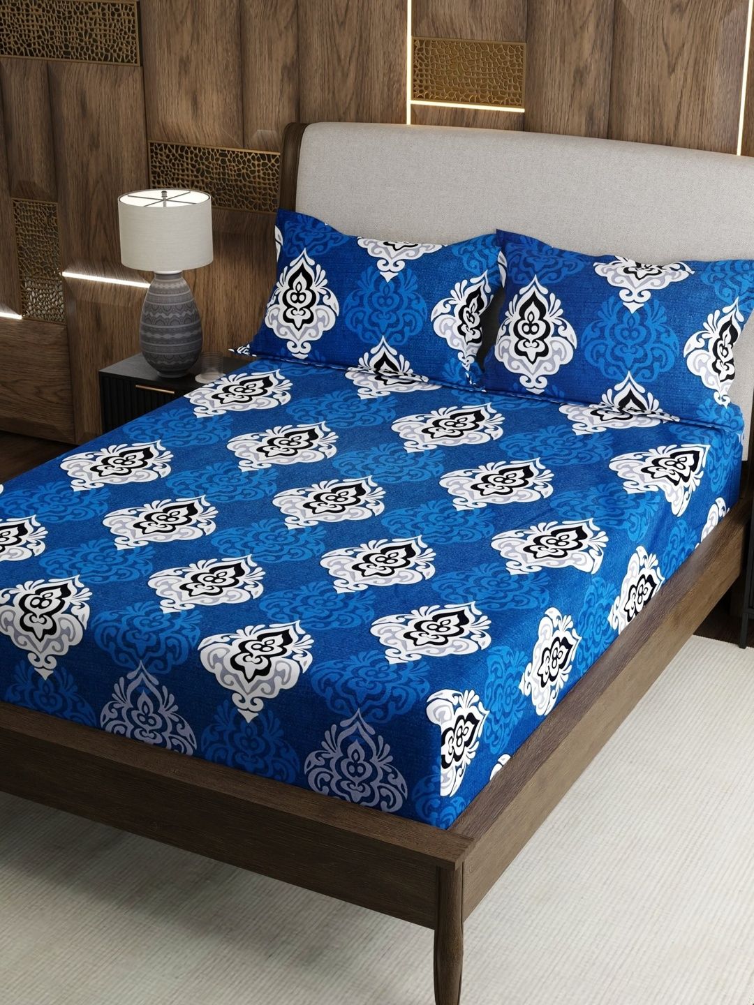 Pure Decor Blue Printed Pure Cotton 200 TC Double Queen Bedsheet Set 89" X 99" in-image-2