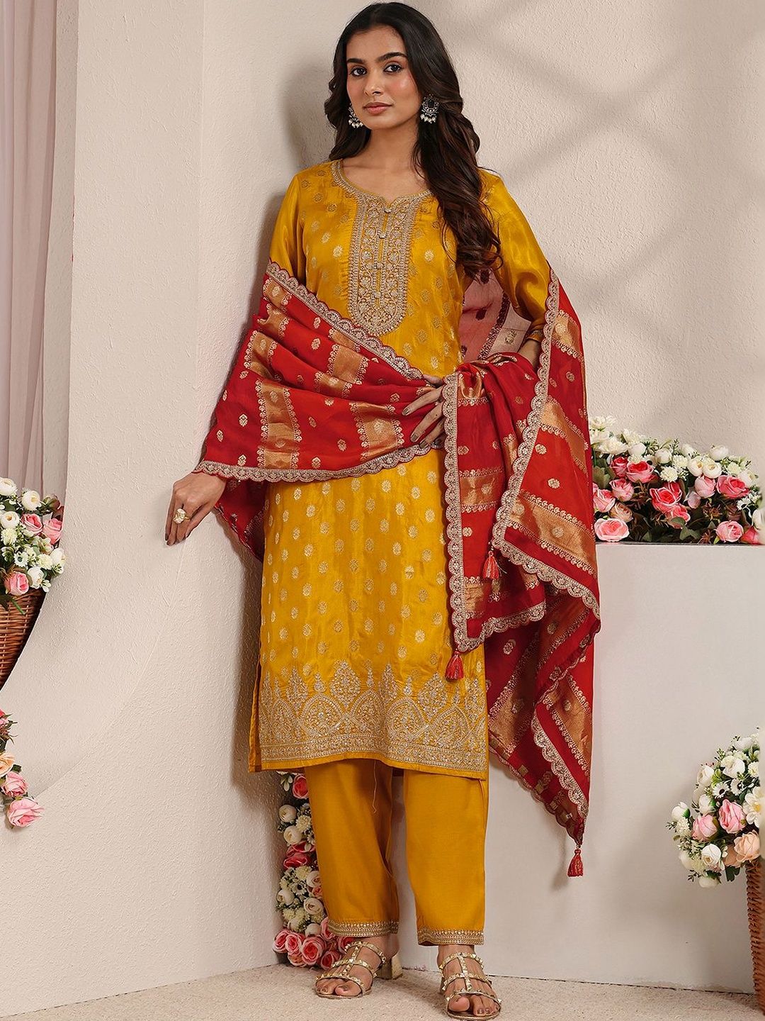 Libas Mustard Woven Design Straight Suit Set with Dupatta-picture-11