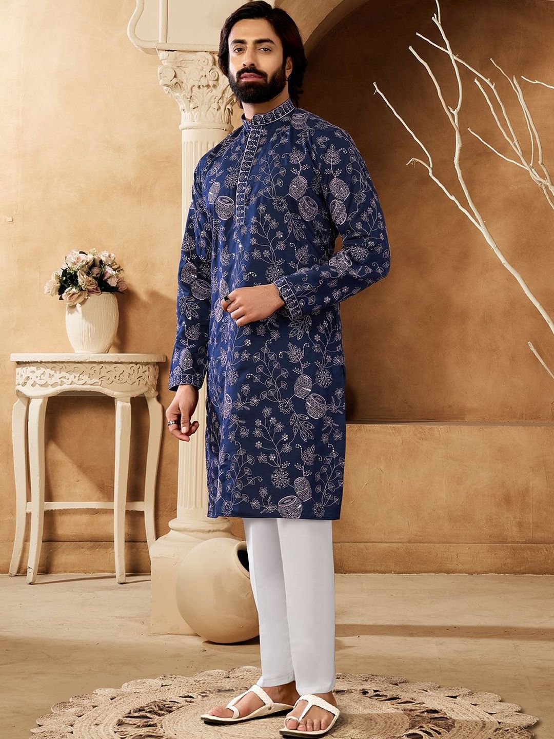 House of Pataudi Embellished Cotton Band Collar Knee Length Straight Kurta-picture-30