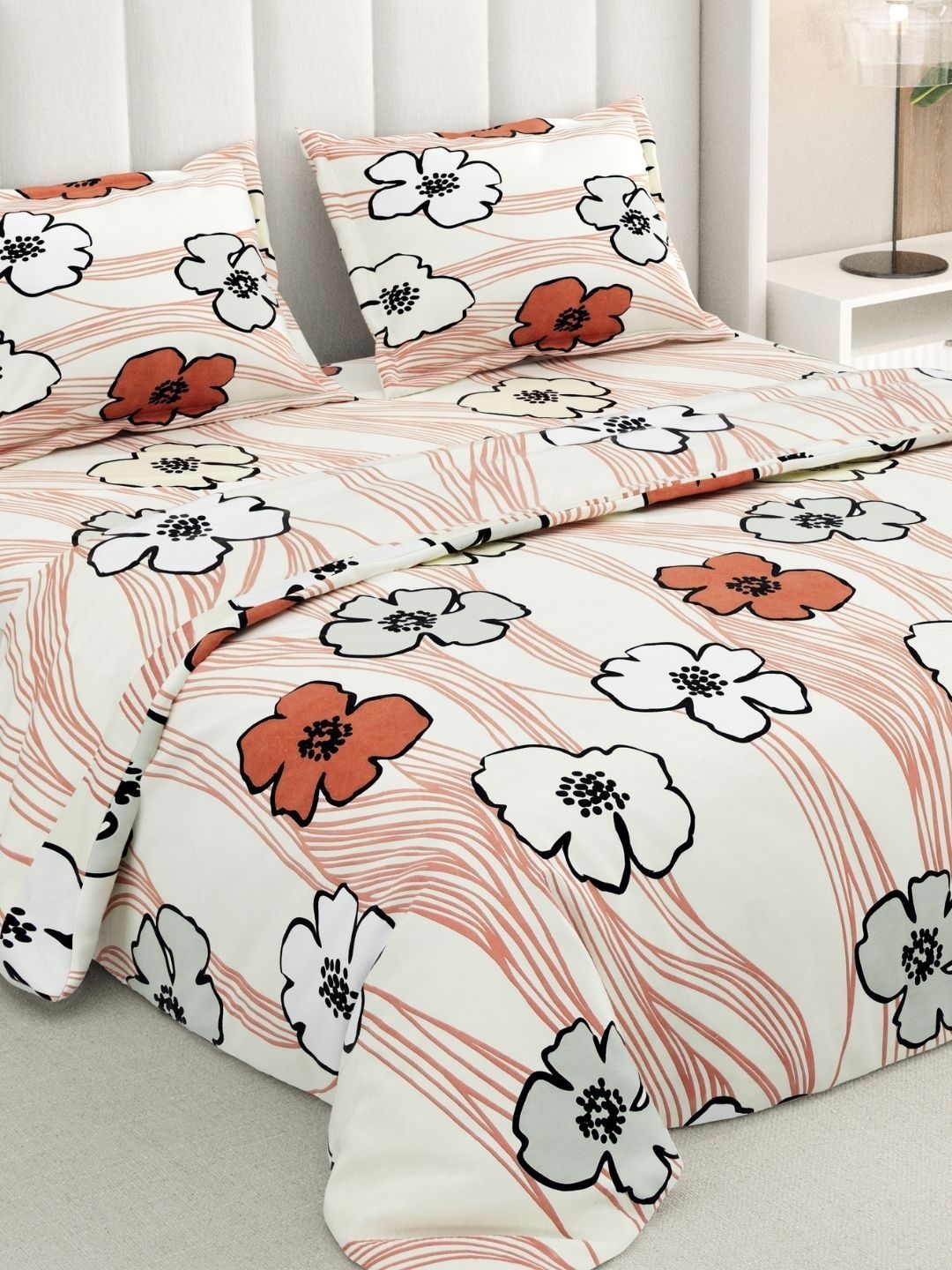RIVERMOOR Cream-Coloured Floral 300 TC Bedsheet with 2 Pillow Covers-image-37