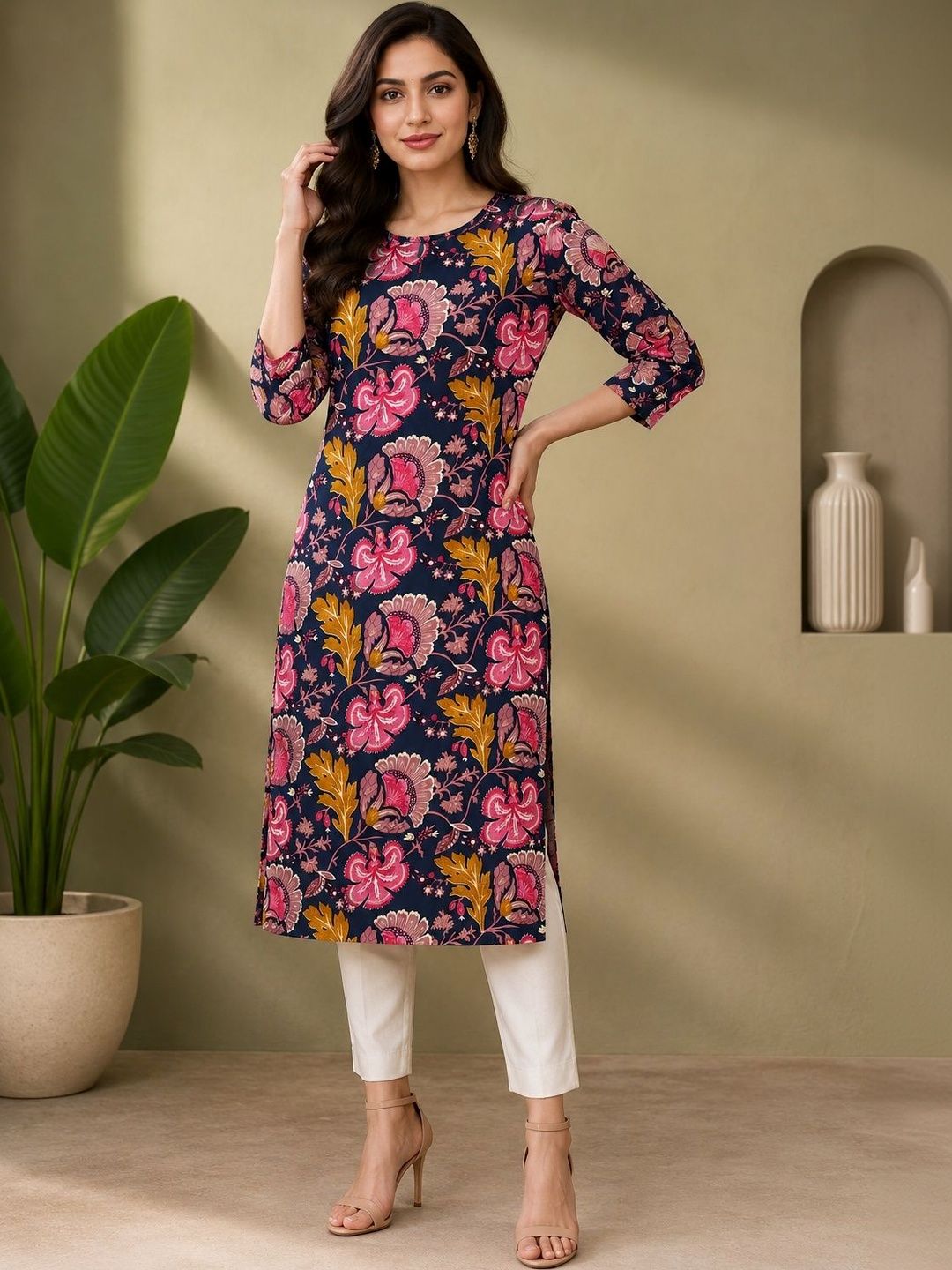 JANKHANA Women Floral Printed Indie Florals Crepe Kurta-picture-0
