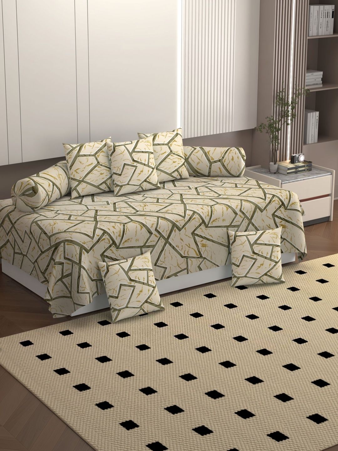 BELVOSTUM Set Of 8 Beige & Green Zig Zag Printed 250 TC Super Soft Microfiber Diwan Set-picture-23