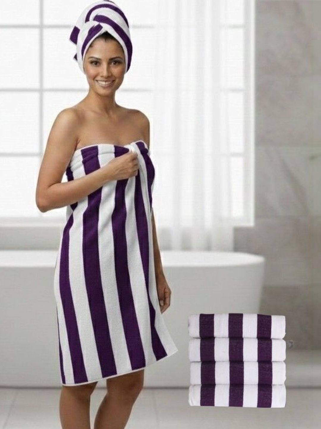 Tharunsha Elite Set Of 4 Purple & White Striped 500 GSM Pure Cotton Multi-Use Towels-image-5