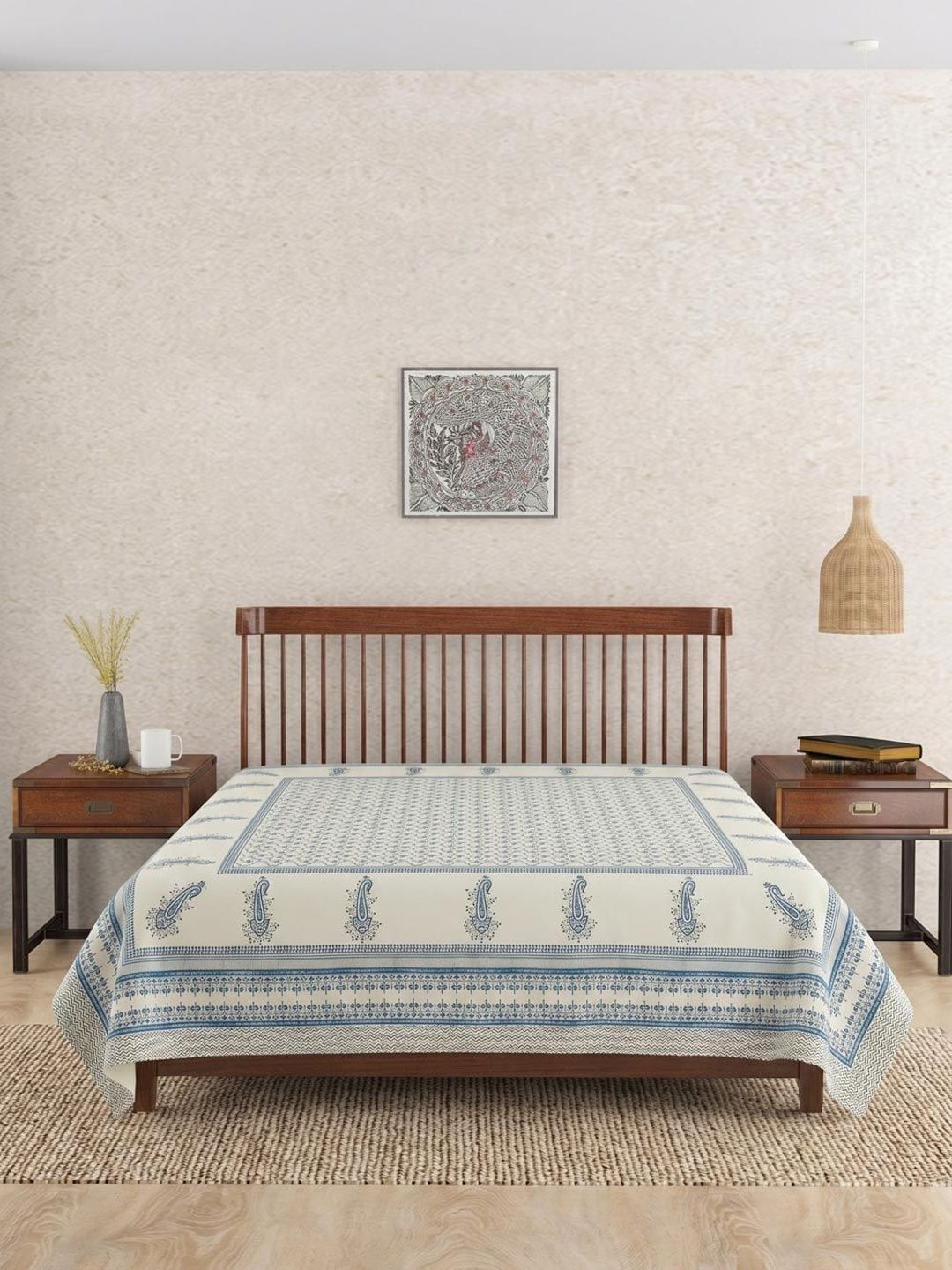 Fabindia White & Blue Hand Block Printed Cotton Double Bed King Bed Cover-image-21