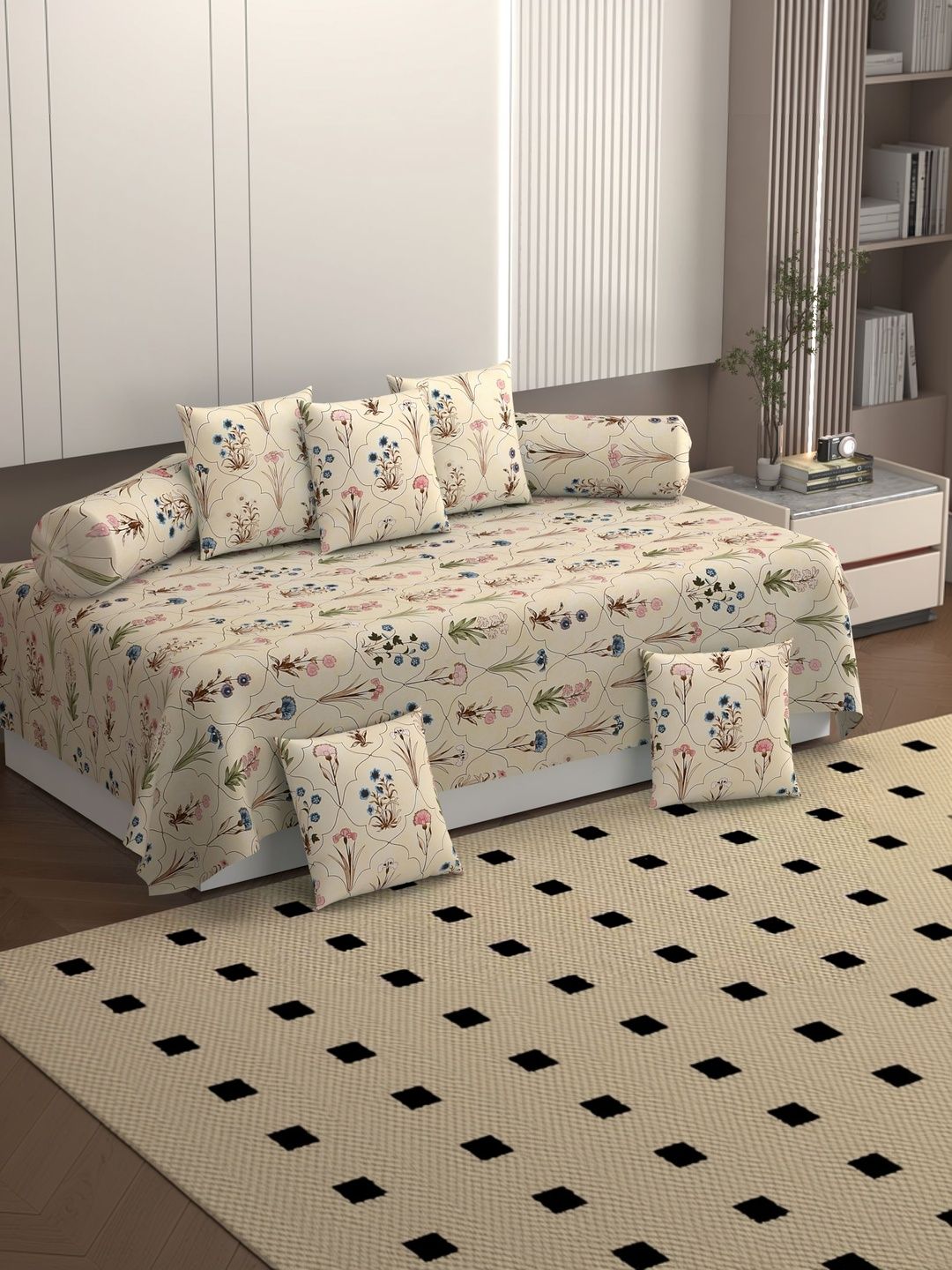BELVOSTUM Set Of 8 Cream-Colored Printed 250 TC Microfiber Diwan Set-image-18