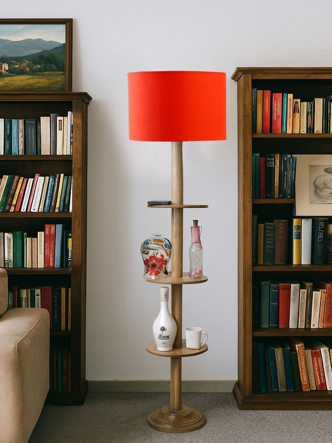Myntra Elegant Homes Orange-Colored & Brown Wooden Cylinder Tripod Floor Lamp-image-37