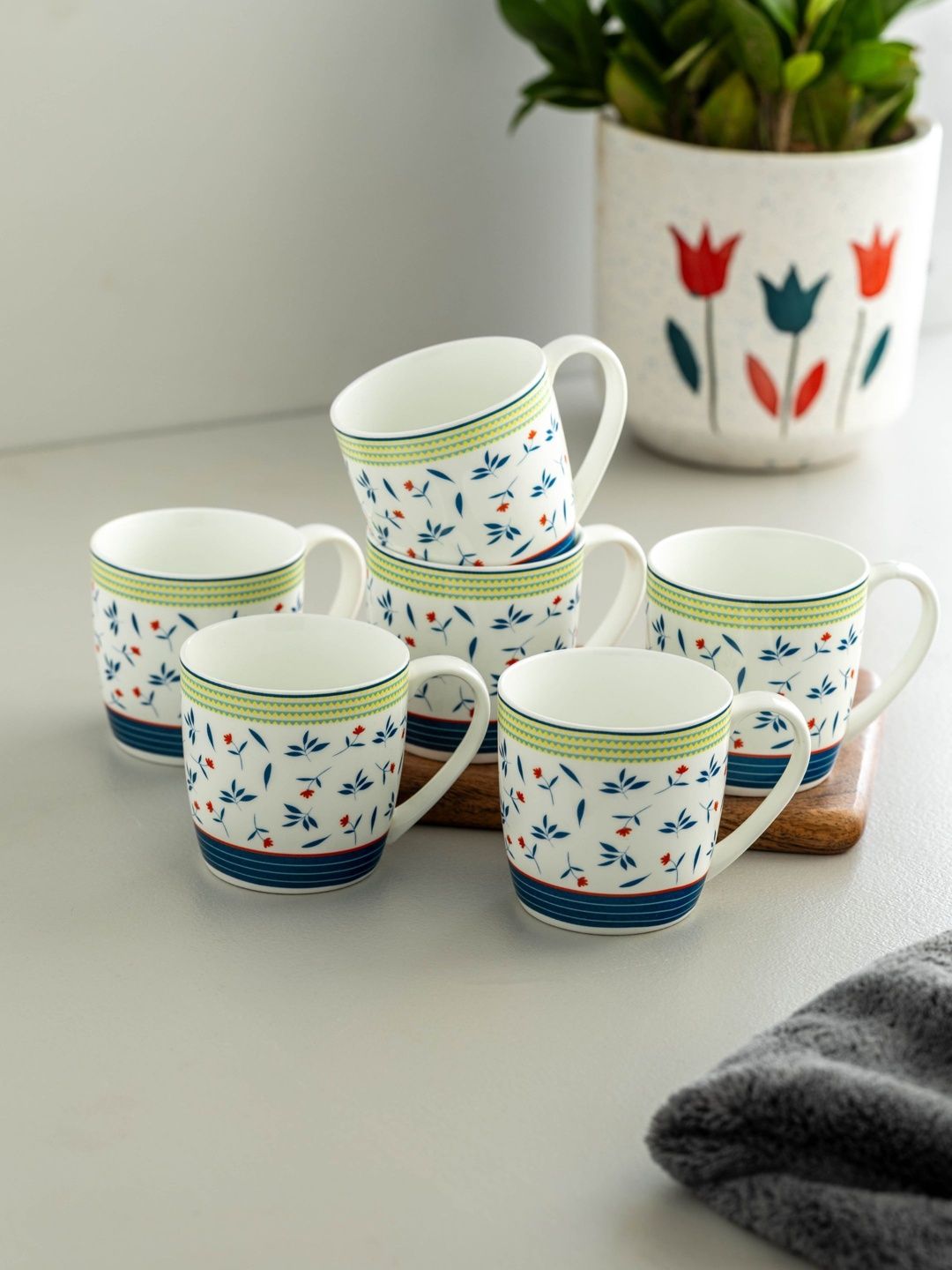 CLAY CRAFT White & Blue Printed Ceramic Glossy Cups Set of Cups and Mugs-image-4