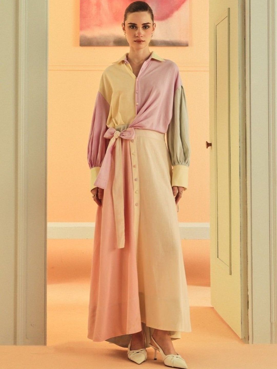 Sage by Mala Colourblocked Puff Sleeve Linen Shirt Maxi Dress-picture-56
